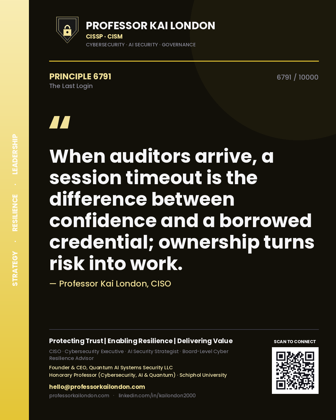 Quote card by Professor Kai London reading 'When auditors arrive, a session timeout is the difference between confidence and a borrowed credential; ownership turns risk into work.'. From the book The Last Login.