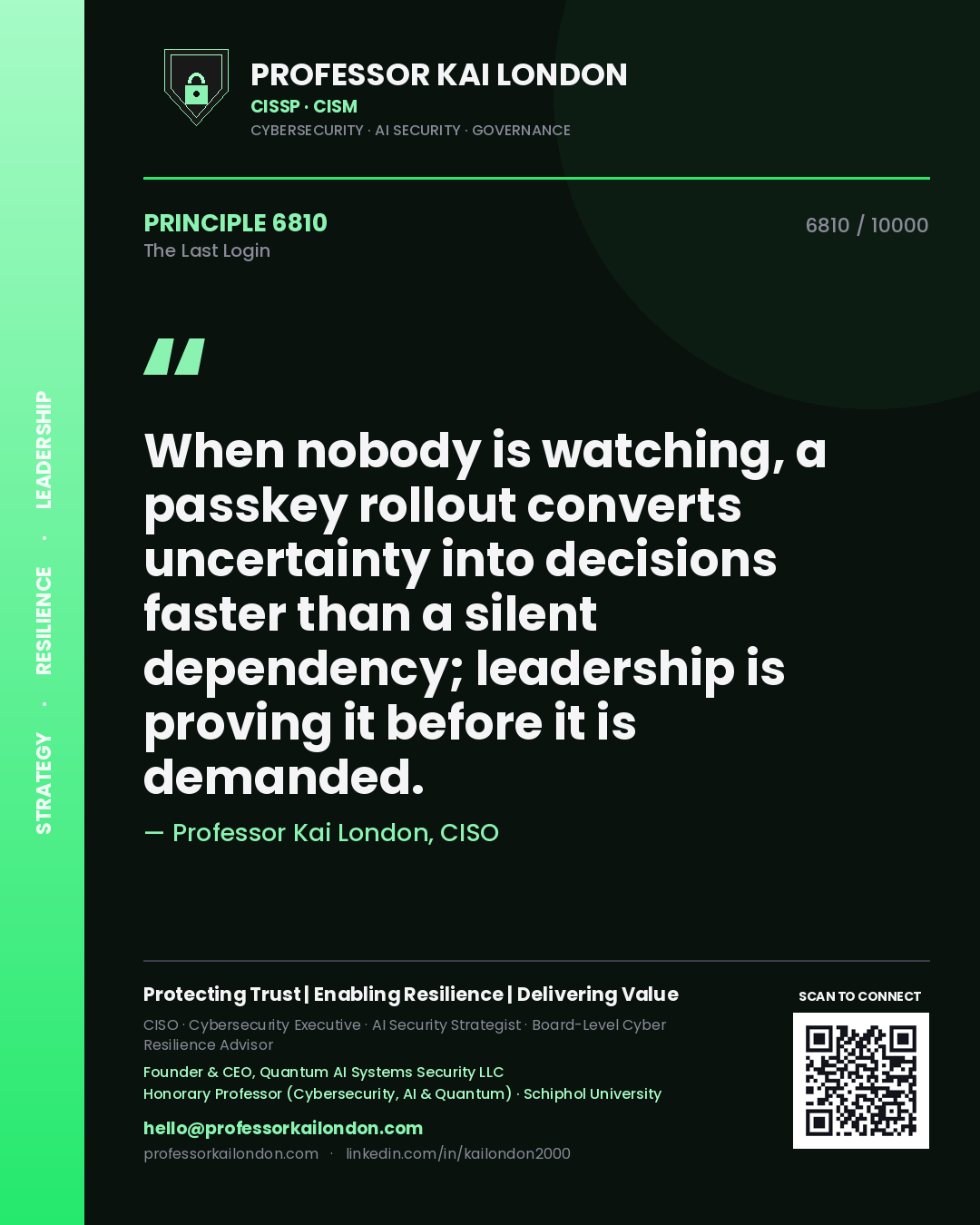 Quote card by Professor Kai London reading 'When nobody is watching, a passkey rollout converts uncertainty into decisions faster than a silent dependency; leadership is proving it before it is demanded.'. From the book The Last Login.