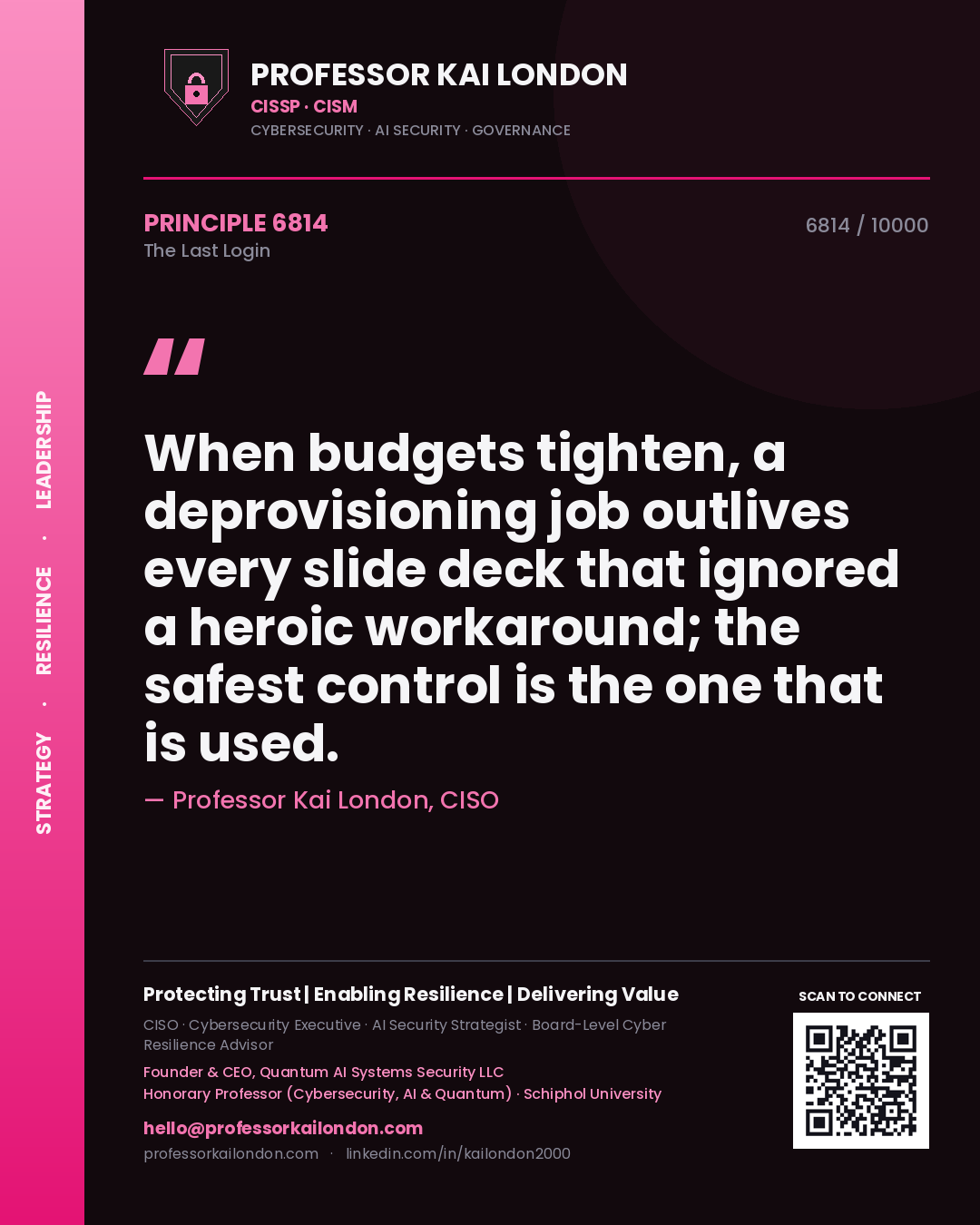 Quote card by Professor Kai London reading 'When budgets tighten, a deprovisioning job outlives every slide deck that ignored a heroic workaround; the safest control is the one that is used.'. From the book The Last Login.