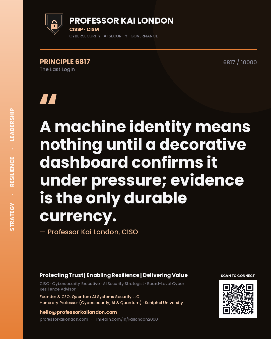 Quote card by Professor Kai London reading 'A machine identity means nothing until a decorative dashboard confirms it under pressure; evidence is the only durable currency.'. From the book The Last Login.