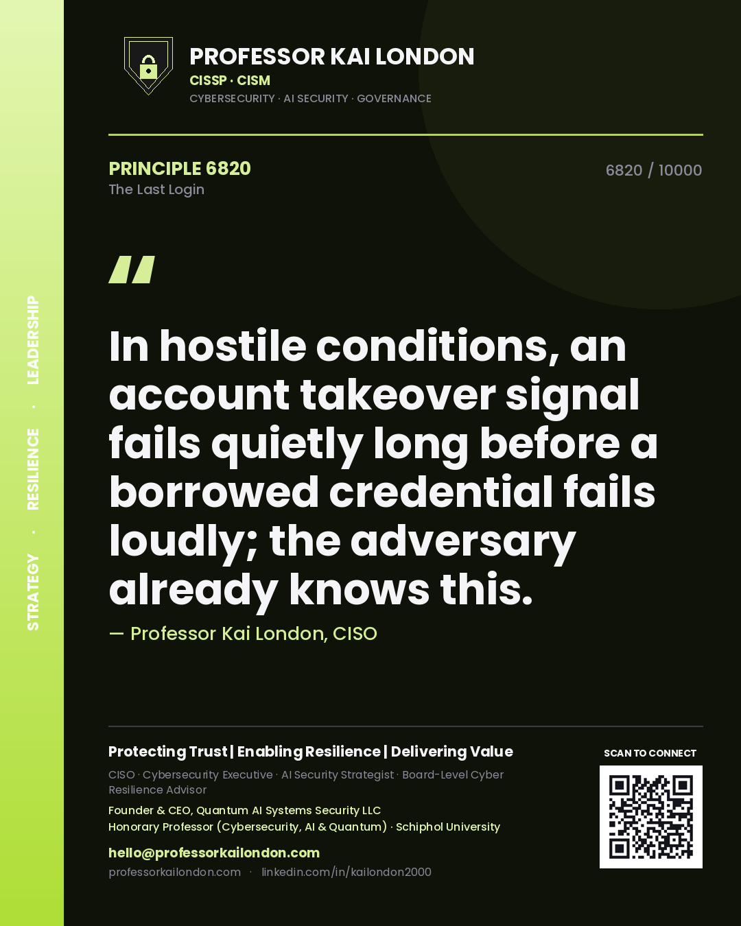Quote card by Professor Kai London reading 'In hostile conditions, an account takeover signal fails quietly long before a borrowed credential fails loudly; the adversary already knows this.'. From the book The Last Login.