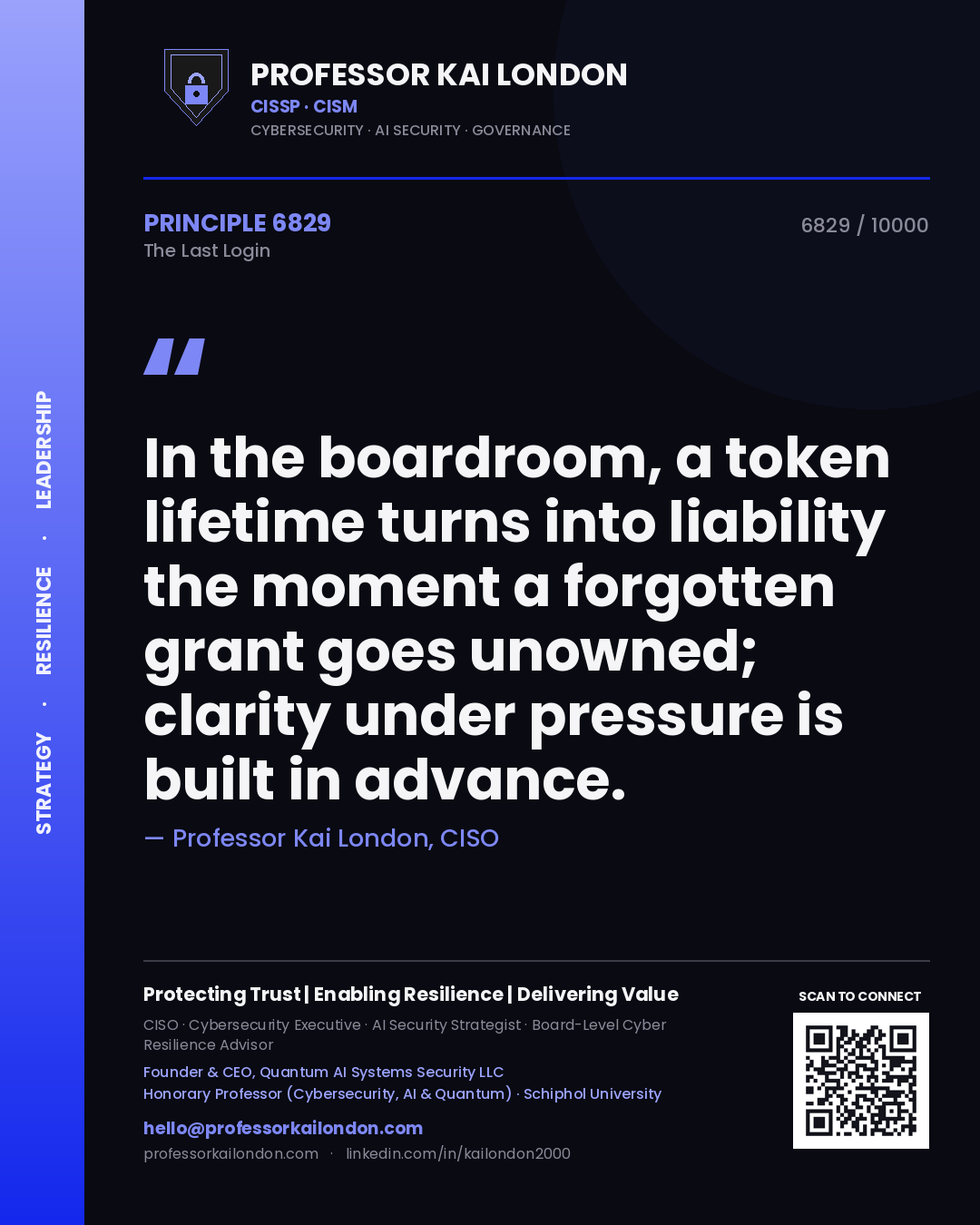 Quote card by Professor Kai London reading 'In the boardroom, a token lifetime turns into liability the moment a forgotten grant goes unowned; clarity under pressure is built in advance.'. From the book The Last Login.