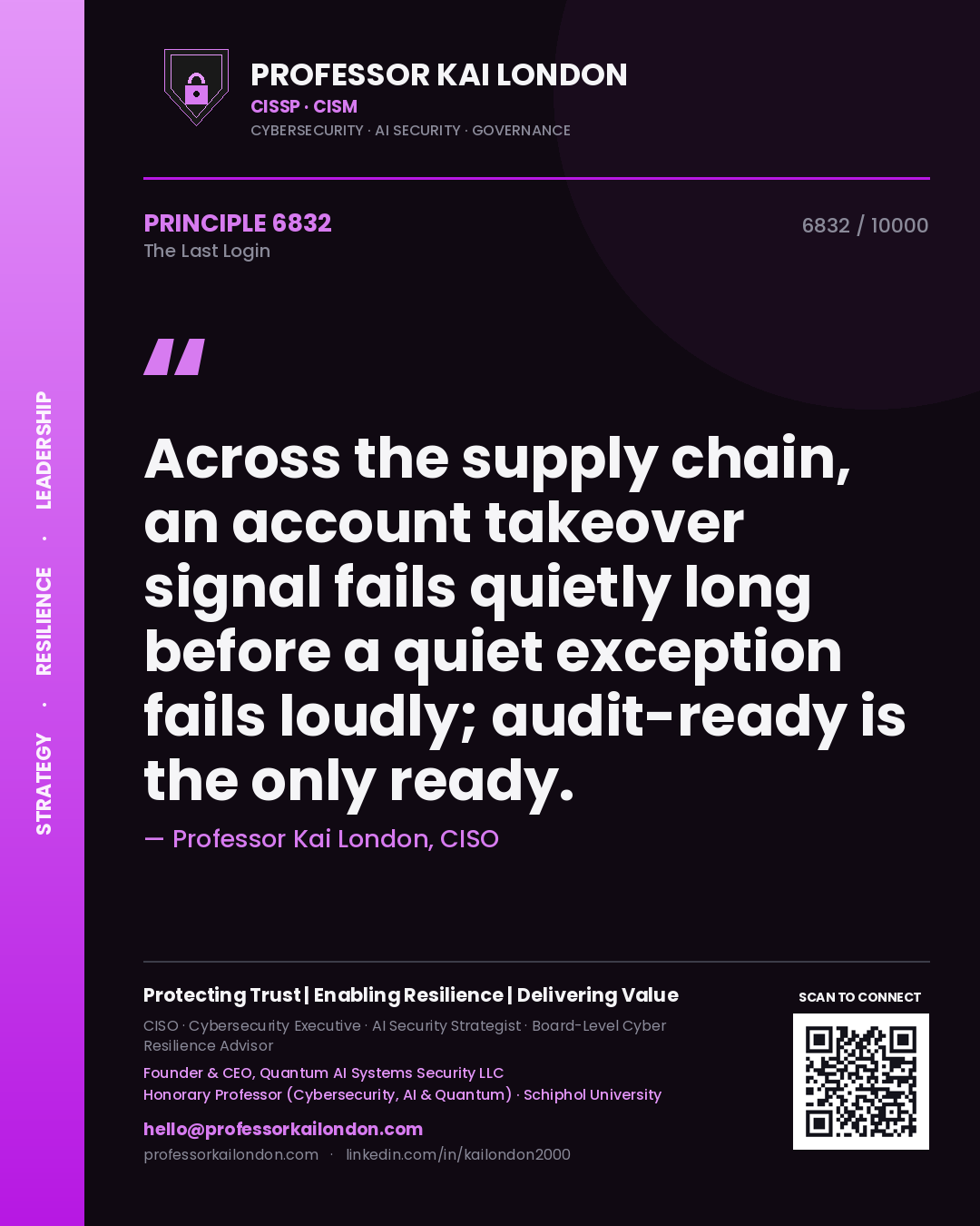 Quote card by Professor Kai London reading 'Across the supply chain, an account takeover signal fails quietly long before a quiet exception fails loudly; audit-ready is the only ready.'. From the book The Last Login.