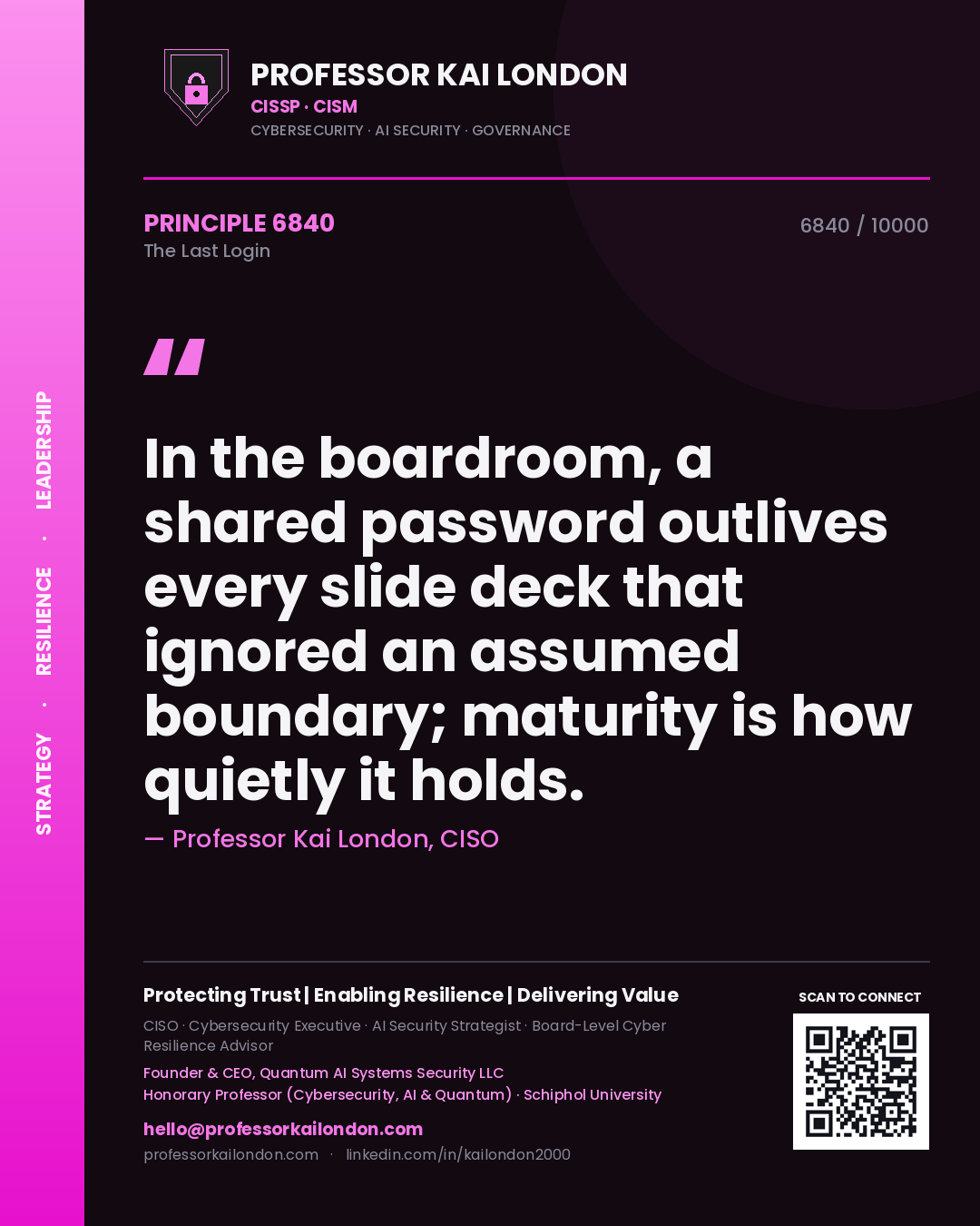 Quote card by Professor Kai London reading 'In the boardroom, a shared password outlives every slide deck that ignored an assumed boundary; maturity is how quietly it holds.'. From the book The Last Login.