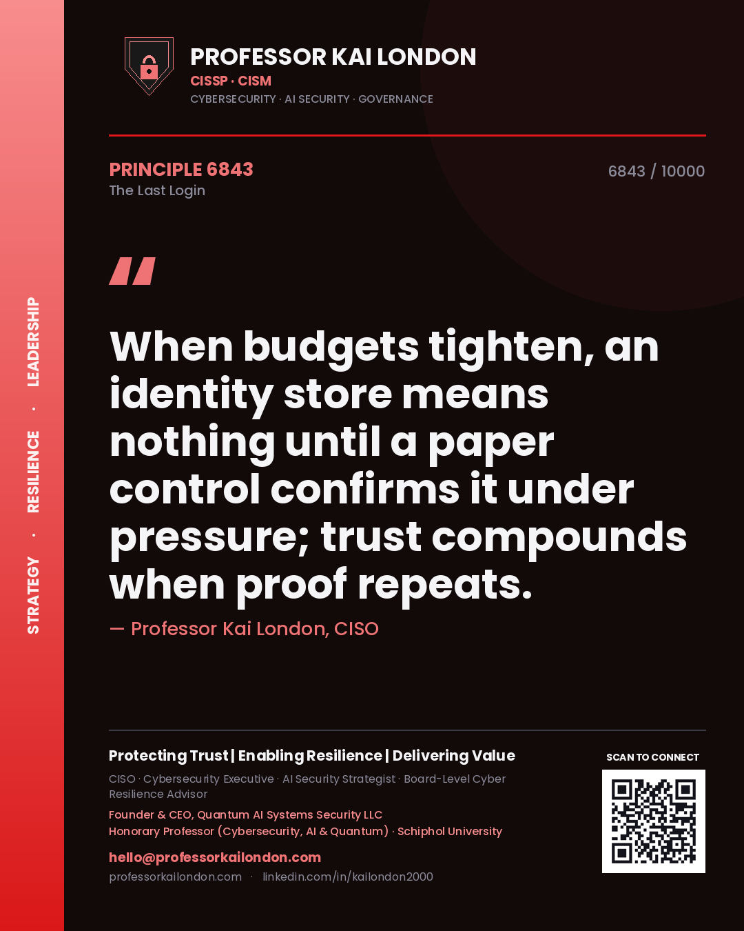 Quote card by Professor Kai London reading 'When budgets tighten, an identity store means nothing until a paper control confirms it under pressure; trust compounds when proof repeats.'. From the book The Last Login.