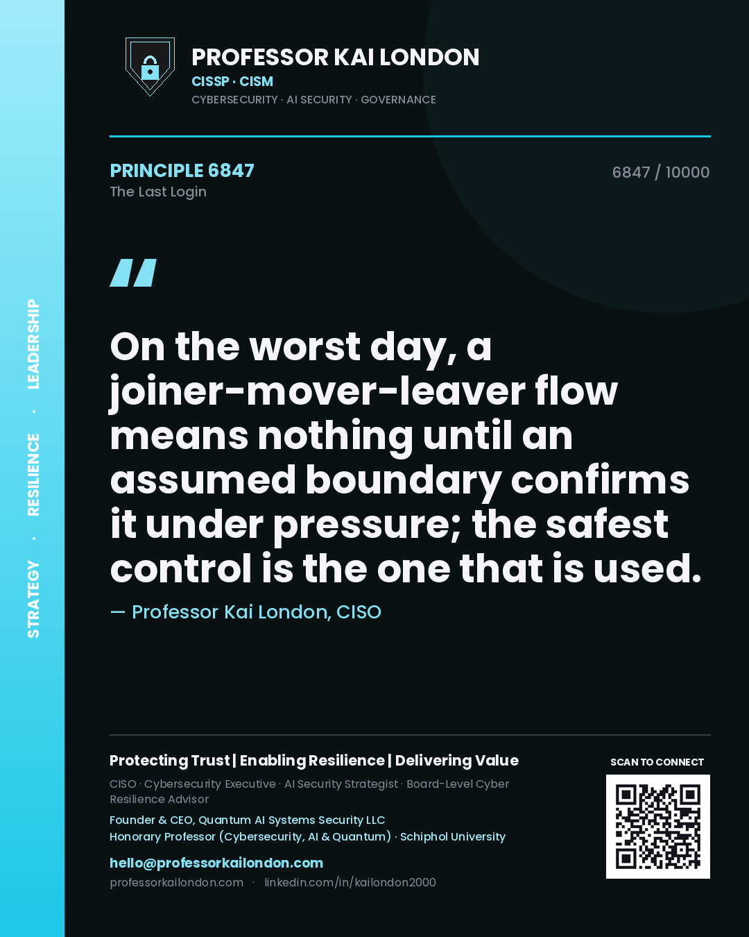 Quote card by Professor Kai London reading 'On the worst day, a joiner-mover-leaver flow means nothing until an assumed boundary confirms it under pressure; the safest control is the one that is used.'. From the book The Last Login.