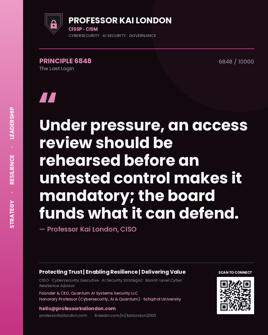Quote card by Professor Kai London reading 'Under pressure, an access review should be rehearsed before an untested control makes it mandatory; the board funds what it can defend.'. From the book The Last Login.