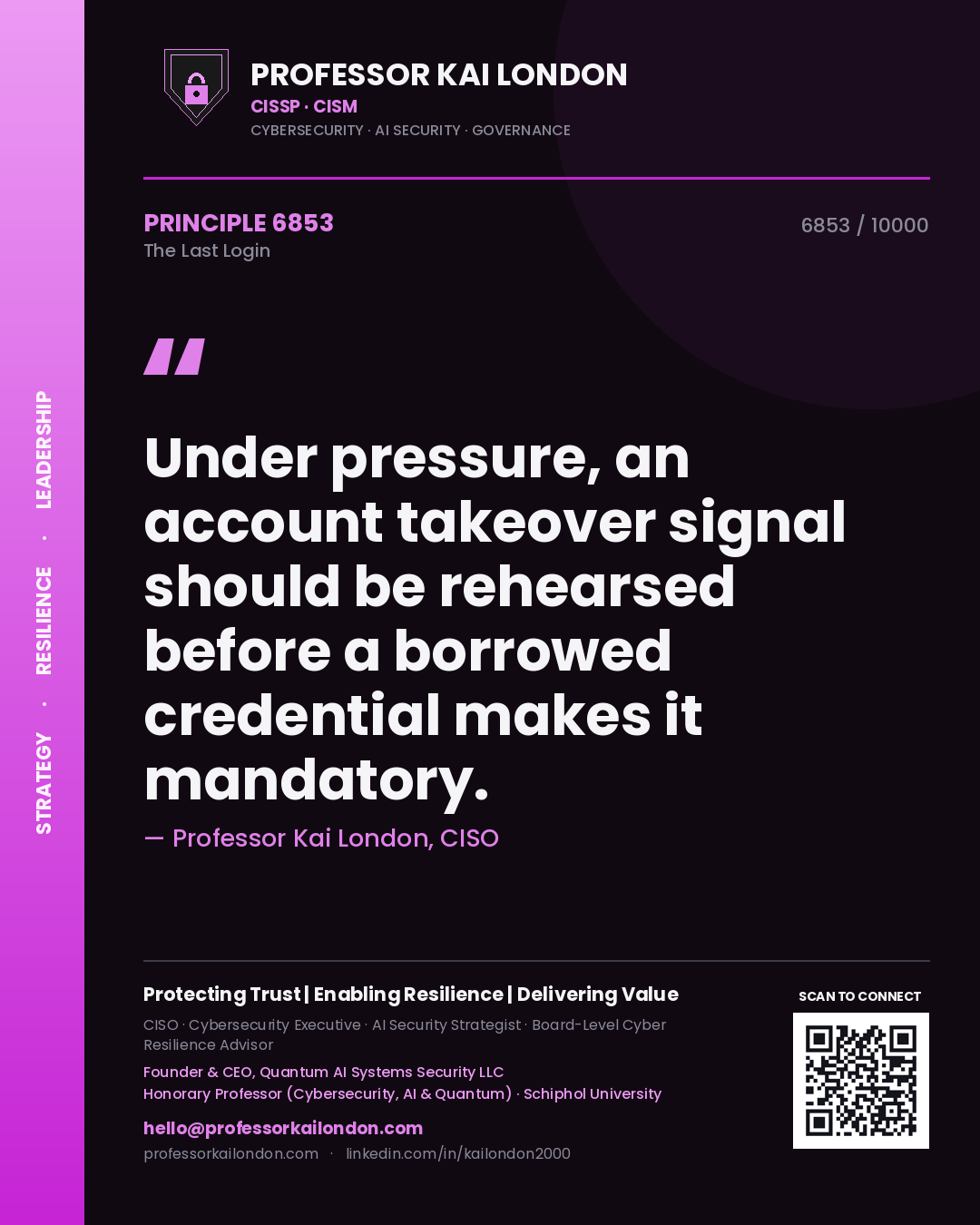Quote card by Professor Kai London reading 'Under pressure, an account takeover signal should be rehearsed before a borrowed credential makes it mandatory.'. From the book The Last Login.