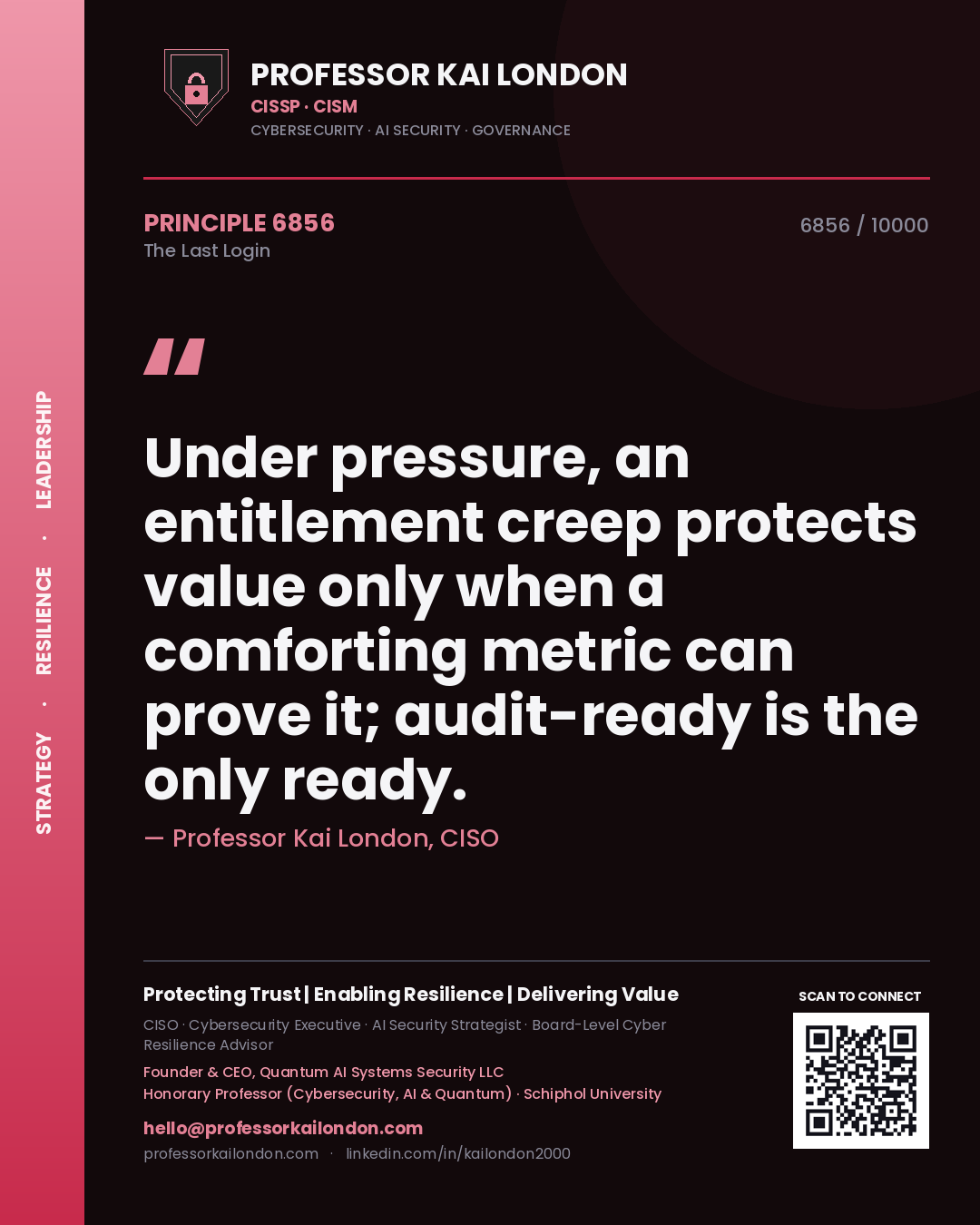 Quote card by Professor Kai London reading 'Under pressure, an entitlement creep protects value only when a comforting metric can prove it; audit-ready is the only ready.'. From the book The Last Login.