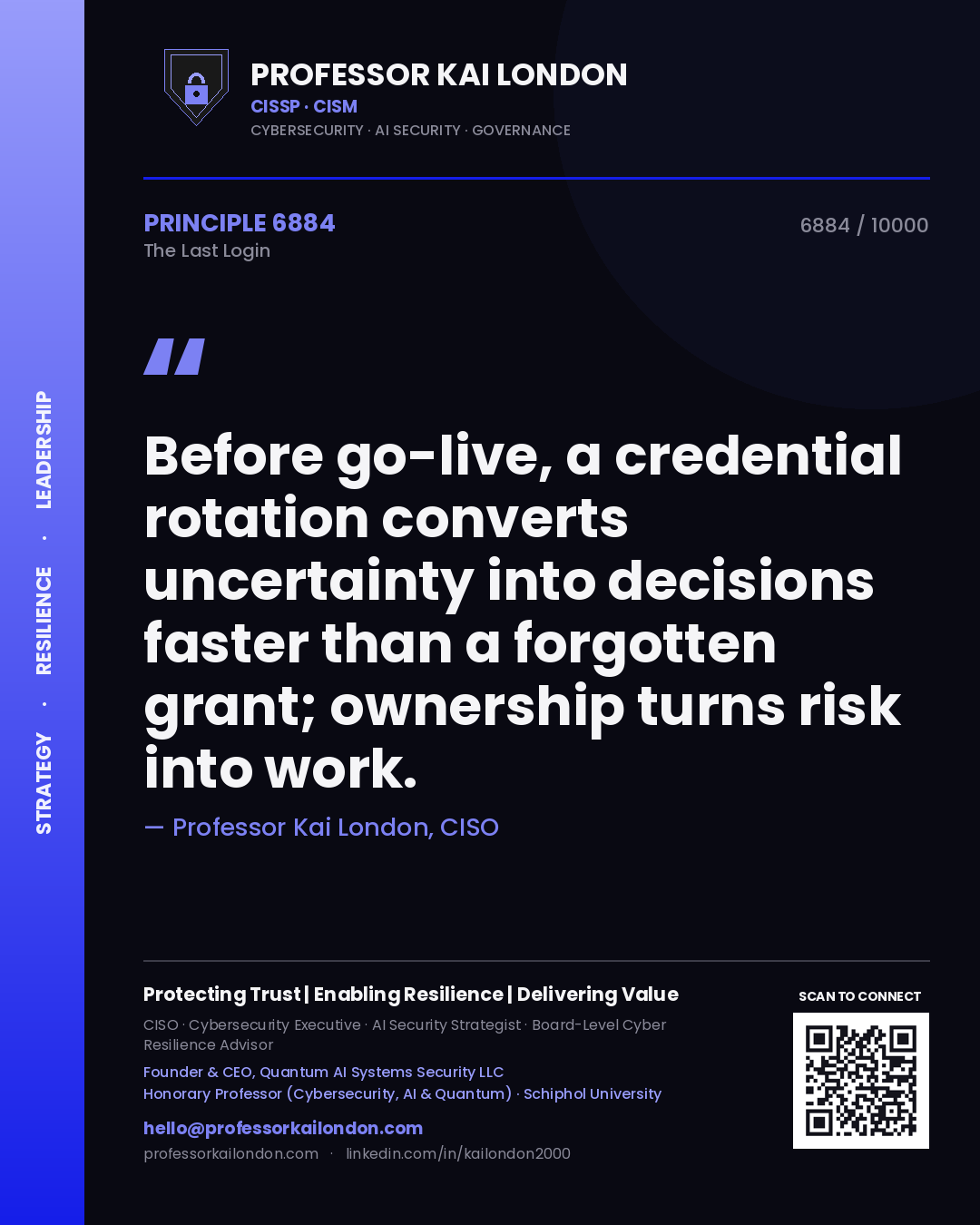 Quote card by Professor Kai London reading 'Before go-live, a credential rotation converts uncertainty into decisions faster than a forgotten grant; ownership turns risk into work.'. From the book The Last Login.