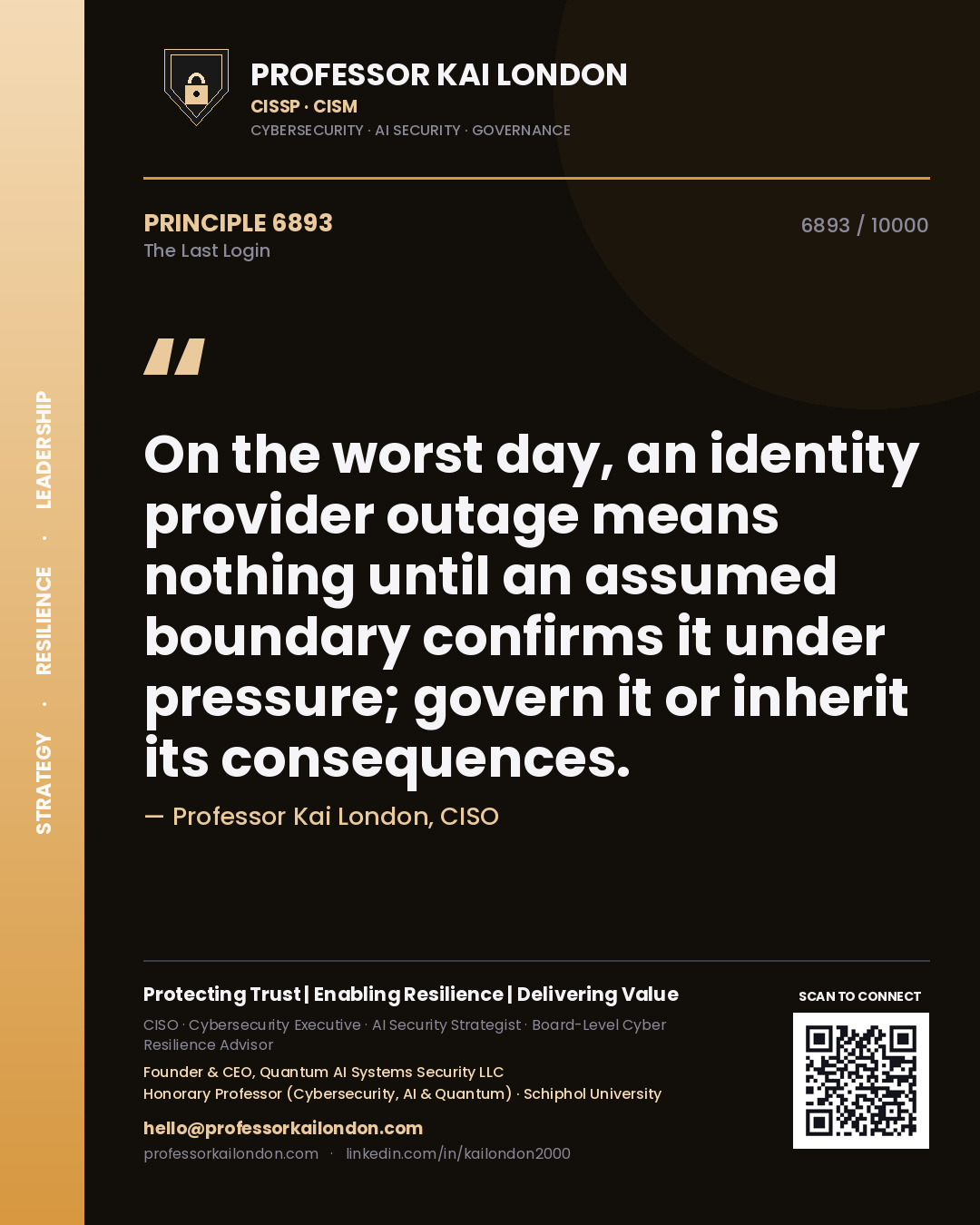 Quote card by Professor Kai London reading 'On the worst day, an identity provider outage means nothing until an assumed boundary confirms it under pressure; govern it or inherit its consequences.'. From the book The Last Login.