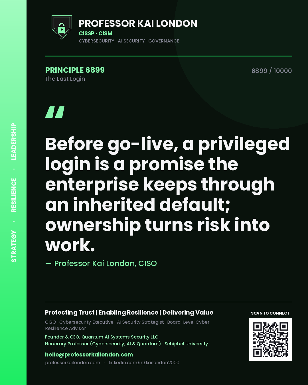 Quote card by Professor Kai London reading 'Before go-live, a privileged login is a promise the enterprise keeps through an inherited default; ownership turns risk into work.'. From the book The Last Login.