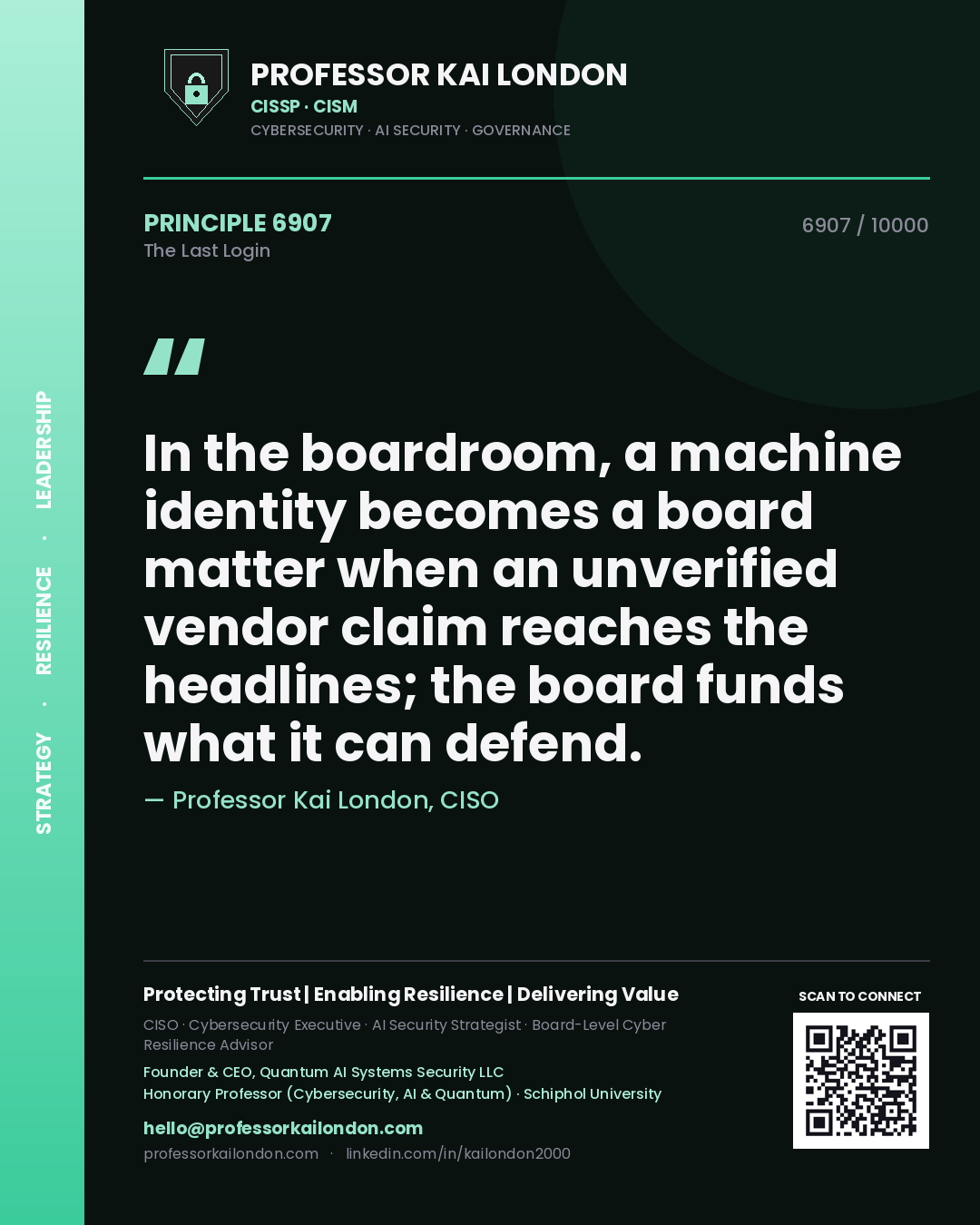 Quote card by Professor Kai London reading 'In the boardroom, a machine identity becomes a board matter when an unverified vendor claim reaches the headlines; the board funds what it can defend.'. From the book The Last Login.