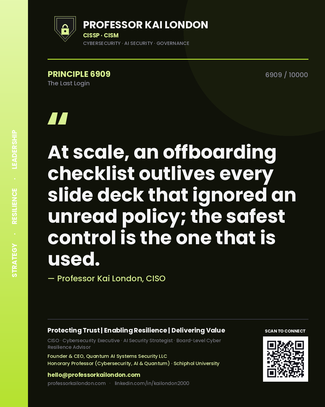 Professor Kai London principle 6909: At scale, an offboarding checklist outlives every slide deck that ignored an unread policy; the safest control is the one that is used.