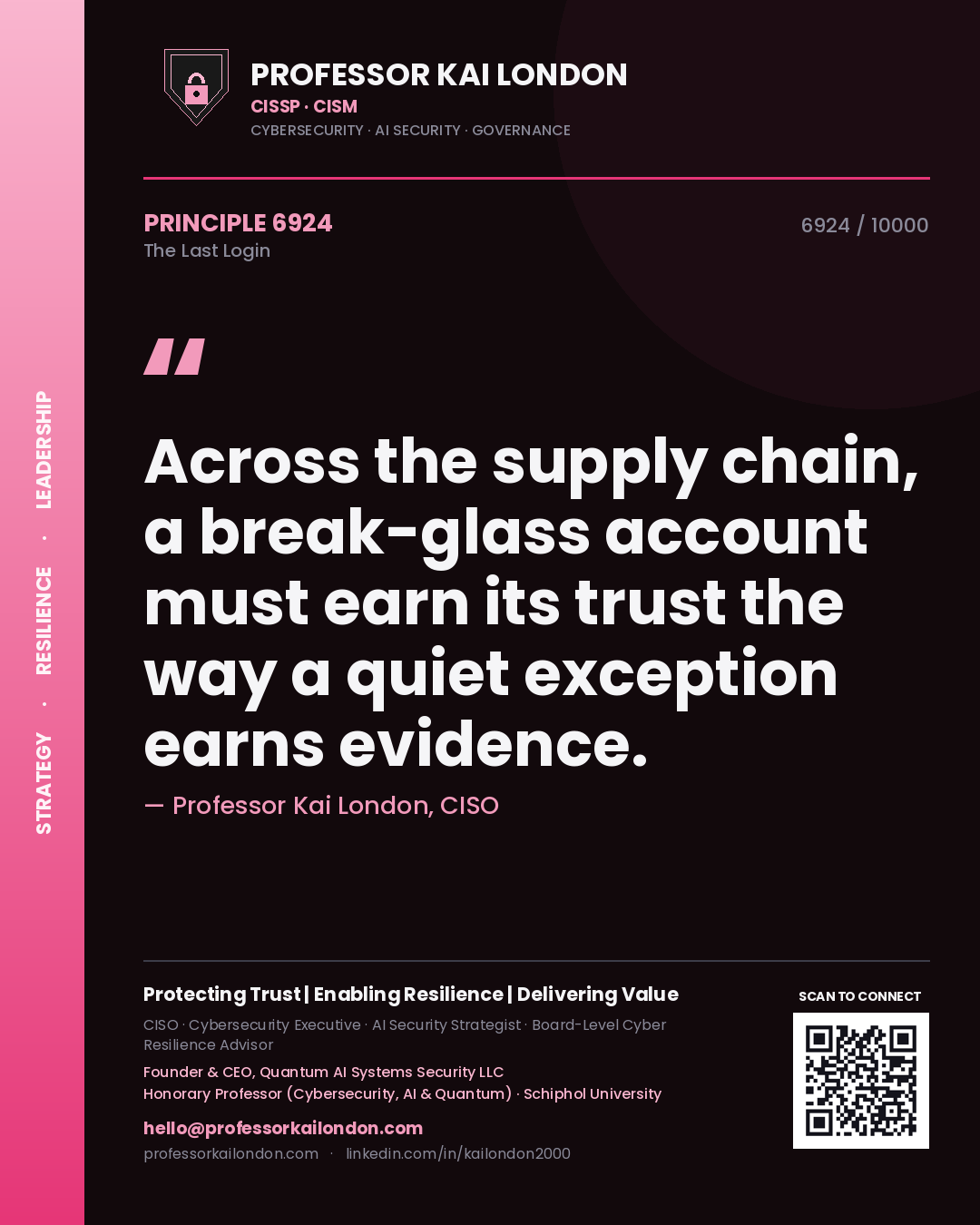 Quote card by Professor Kai London reading 'Across the supply chain, a break-glass account must earn its trust the way a quiet exception earns evidence.'. From the book The Last Login.