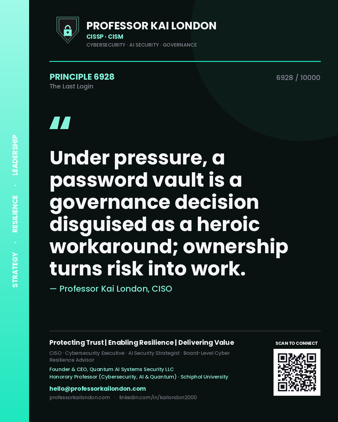 Quote card by Professor Kai London reading 'Under pressure, a password vault is a governance decision disguised as a heroic workaround; ownership turns risk into work.'. From the book The Last Login.