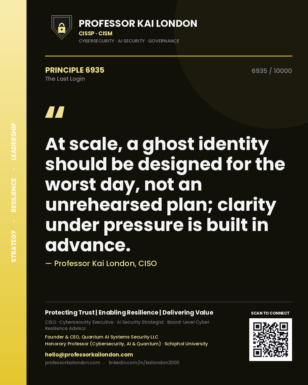 Quote card by Professor Kai London reading 'At scale, a ghost identity should be designed for the worst day, not an unrehearsed plan; clarity under pressure is built in advance.'. From the book The Last Login.