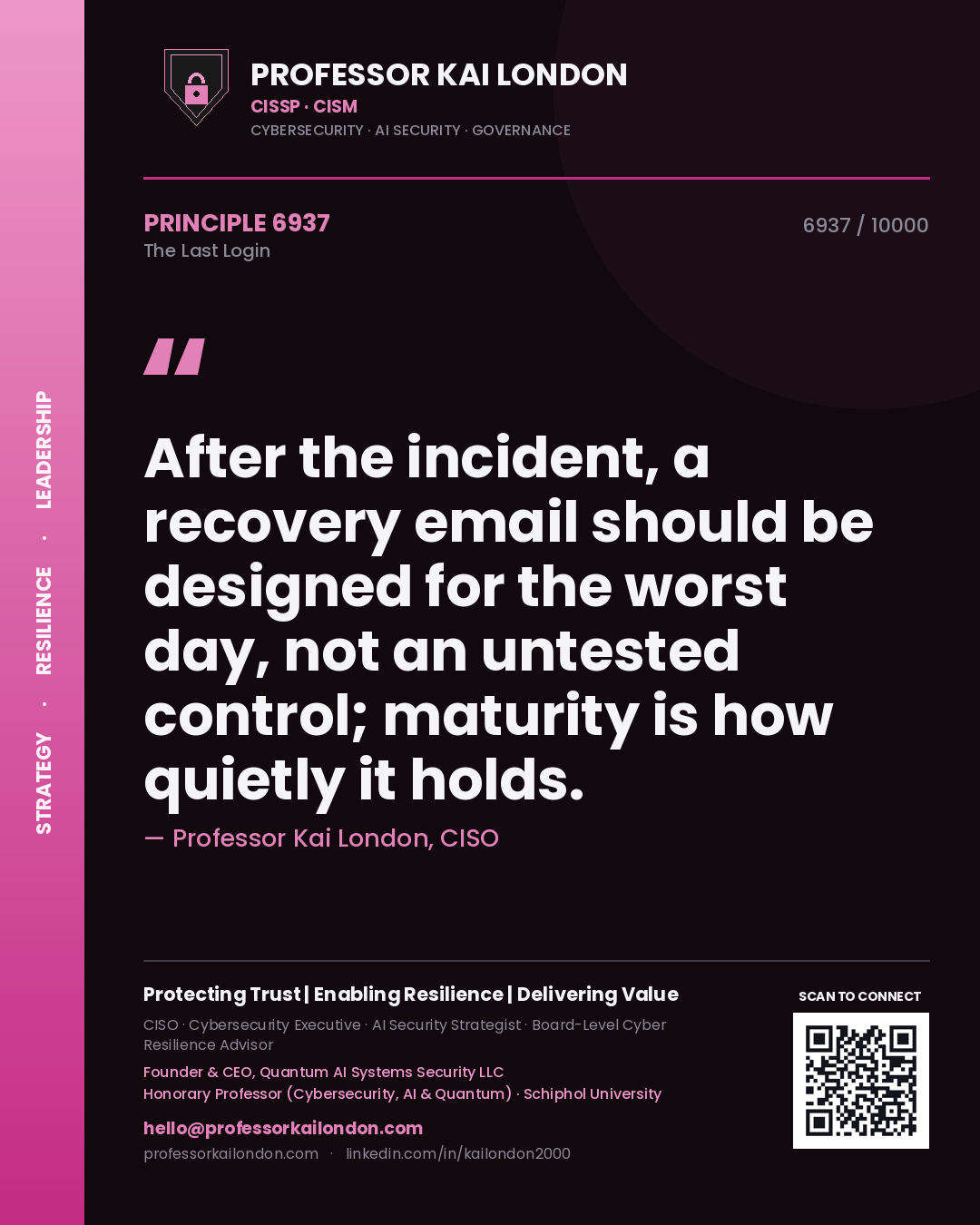 Quote card by Professor Kai London reading 'After the incident, a recovery email should be designed for the worst day, not an untested control; maturity is how quietly it holds.'. From the book The Last Login.