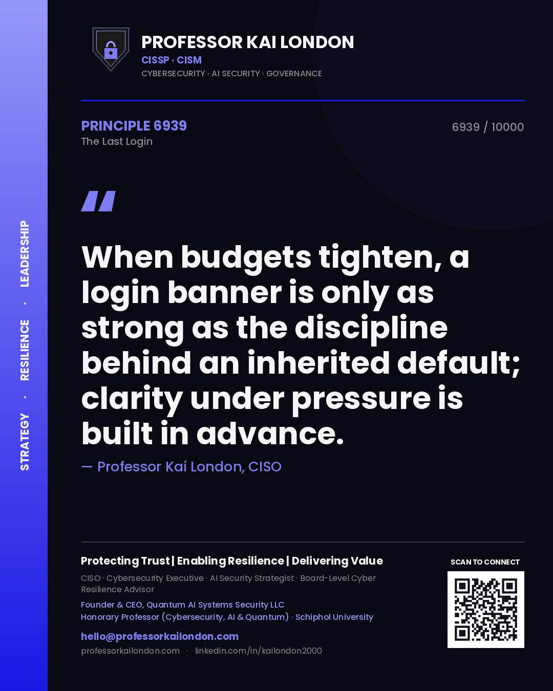 Quote card by Professor Kai London reading 'When budgets tighten, a login banner is only as strong as the discipline behind an inherited default; clarity under pressure is built in advance.'. From the book The Last Login.