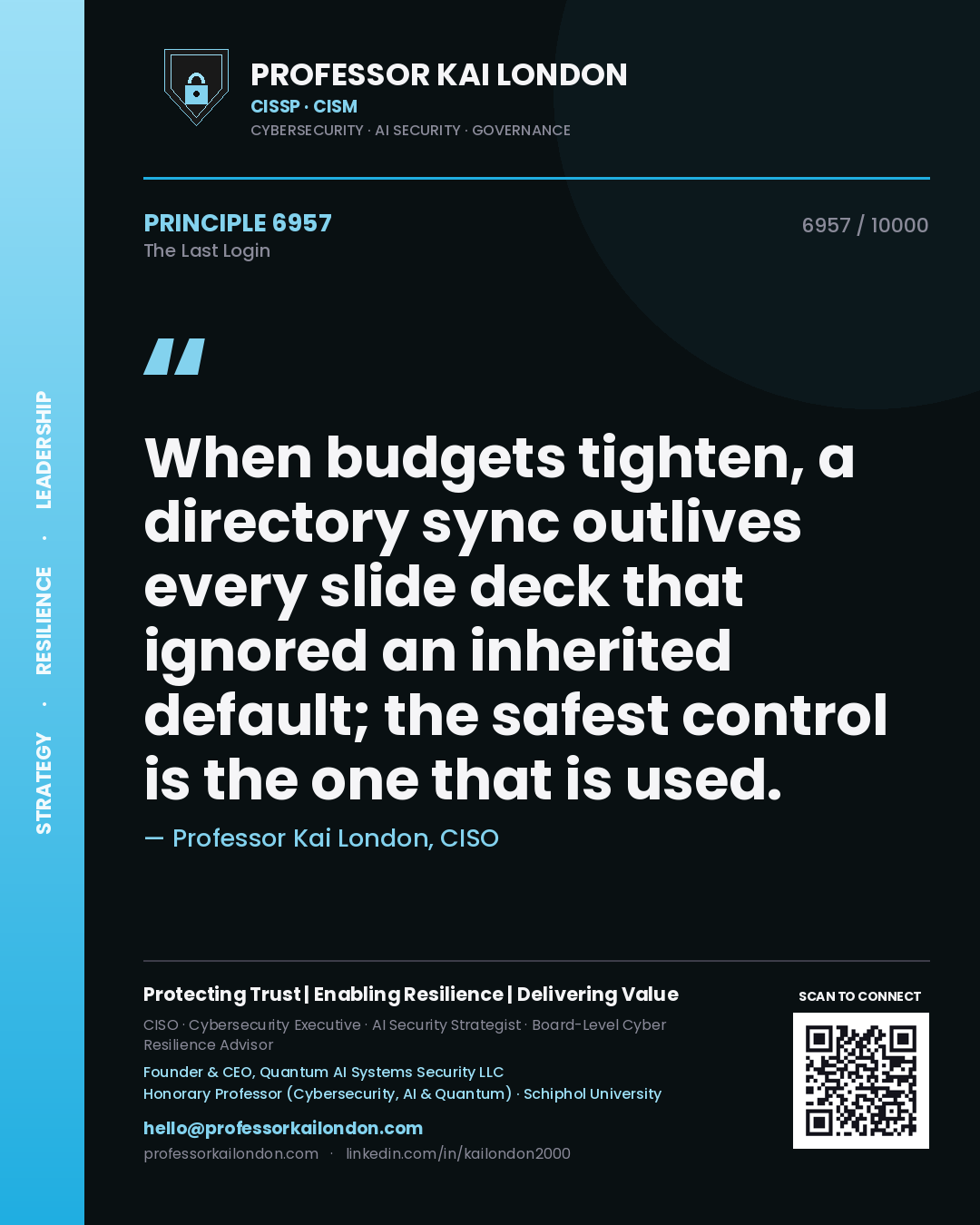 Quote card by Professor Kai London reading 'When budgets tighten, a directory sync outlives every slide deck that ignored an inherited default; the safest control is the one that is used.'. From the book The Last Login.