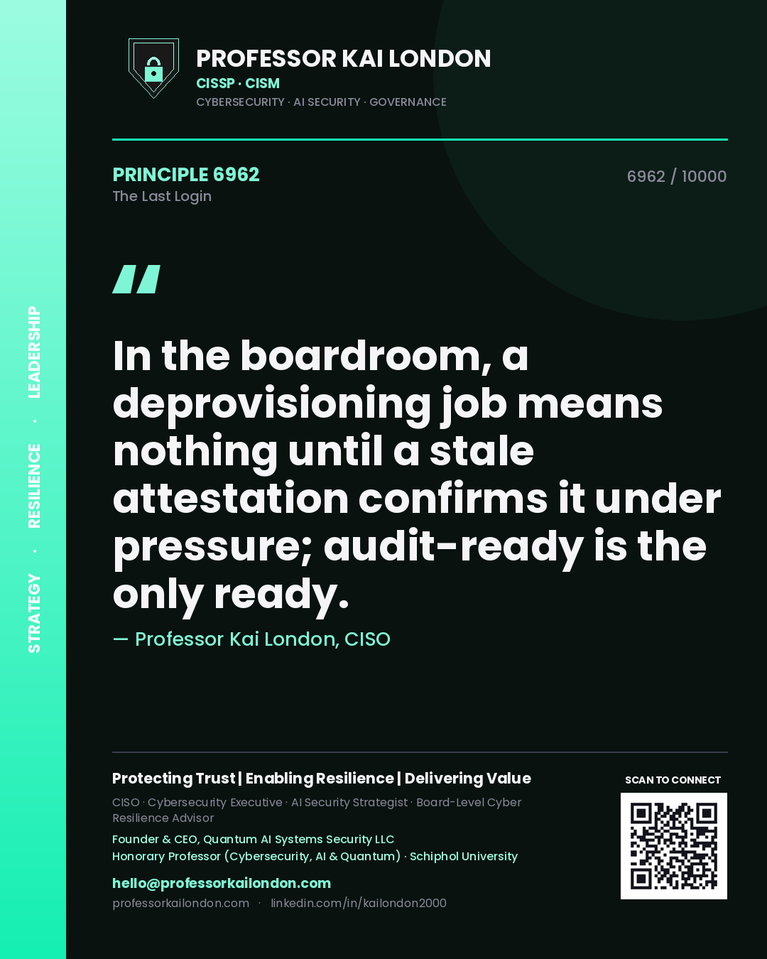 Quote card by Professor Kai London reading 'In the boardroom, a deprovisioning job means nothing until a stale attestation confirms it under pressure; audit-ready is the only ready.'. From the book The Last Login.