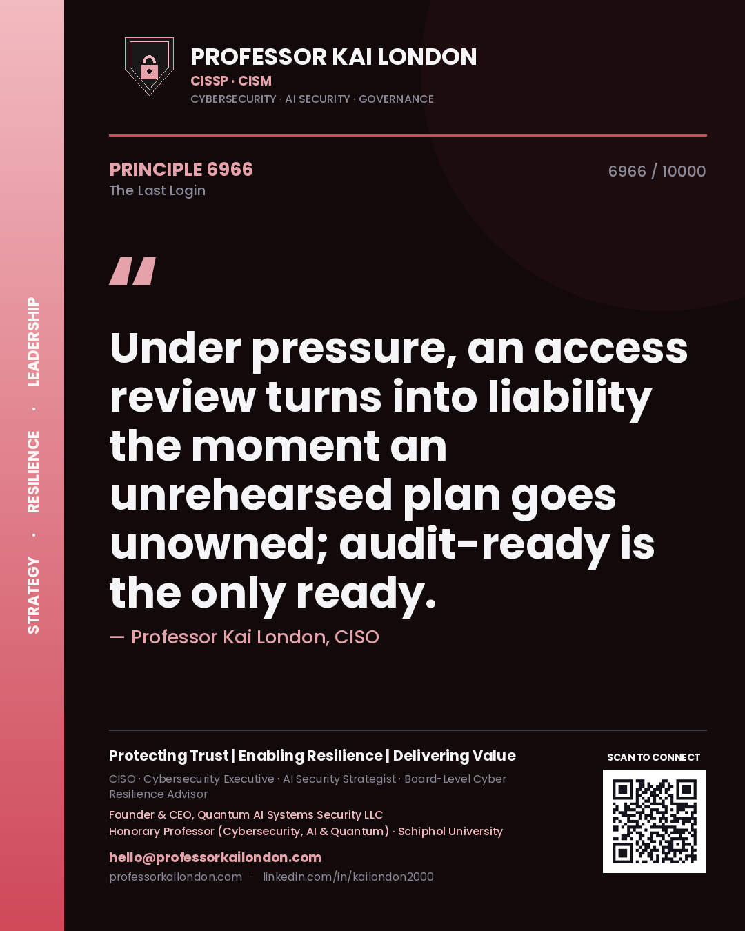 Quote card by Professor Kai London reading 'Under pressure, an access review turns into liability the moment an unrehearsed plan goes unowned; audit-ready is the only ready.'. From the book The Last Login.