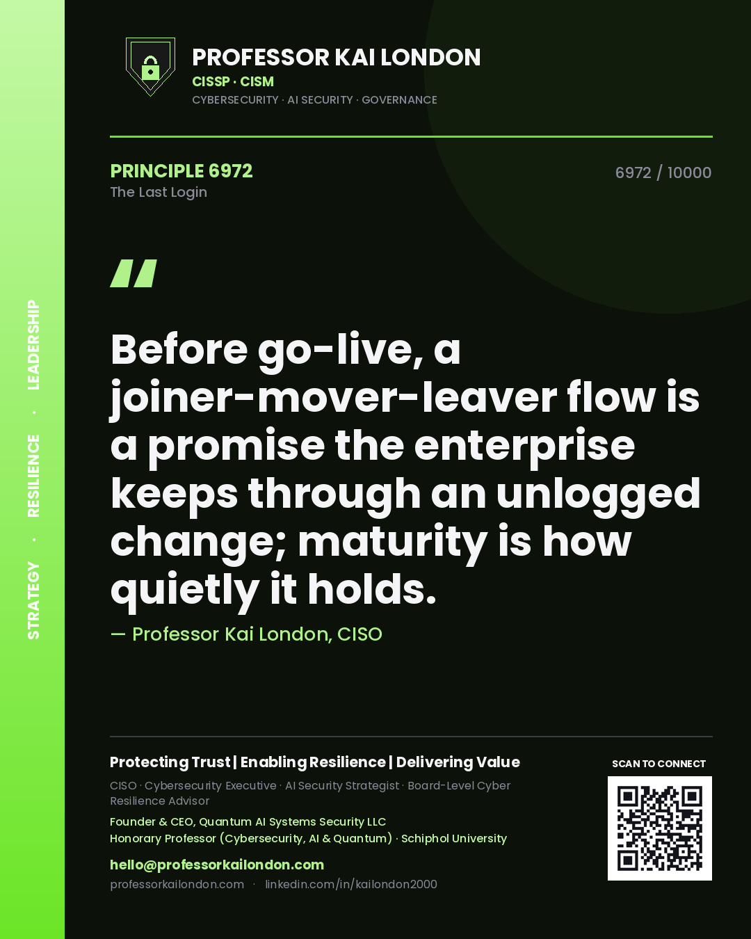 Professor Kai London principle 6972: Before go-live, a joiner-mover-leaver flow is a promise the enterprise keeps through an unlogged change; maturity is how quietly it holds.