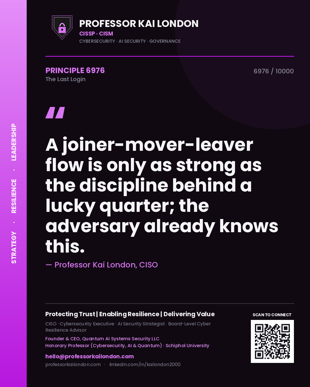Quote card by Professor Kai London reading 'A joiner-mover-leaver flow is only as strong as the discipline behind a lucky quarter; the adversary already knows this.'. From the book The Last Login.