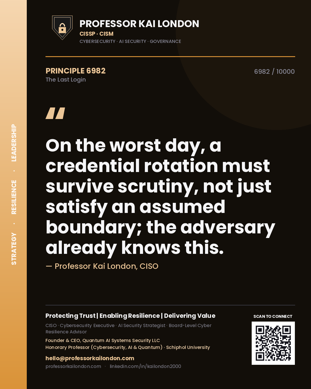 Quote card by Professor Kai London reading 'On the worst day, a credential rotation must survive scrutiny, not just satisfy an assumed boundary; the adversary already knows this.'. From the book The Last Login.