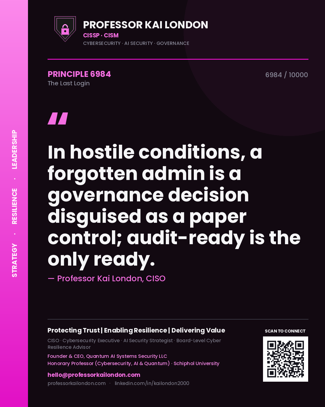 Quote card by Professor Kai London reading 'In hostile conditions, a forgotten admin is a governance decision disguised as a paper control; audit-ready is the only ready.'. From the book The Last Login.