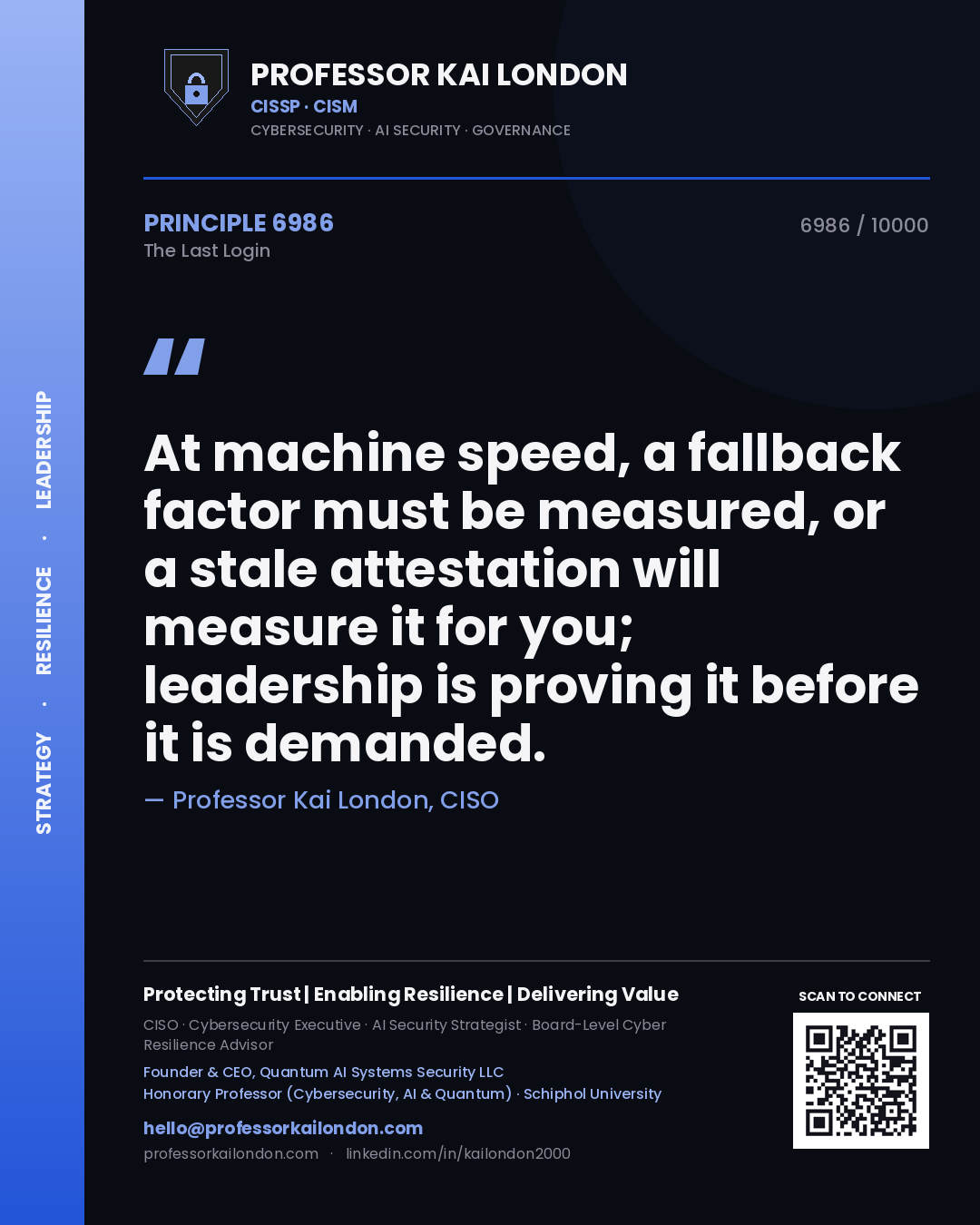 Quote card by Professor Kai London reading 'At machine speed, a fallback factor must be measured, or a stale attestation will measure it for you; leadership is proving it before it is demanded.'. From the book The Last Login.