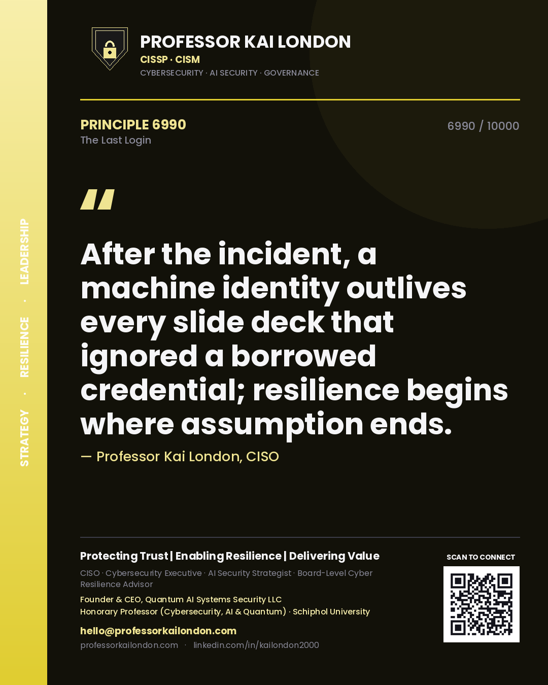 Quote card by Professor Kai London reading 'After the incident, a machine identity outlives every slide deck that ignored a borrowed credential; resilience begins where assumption ends.'. From the book The Last Login.