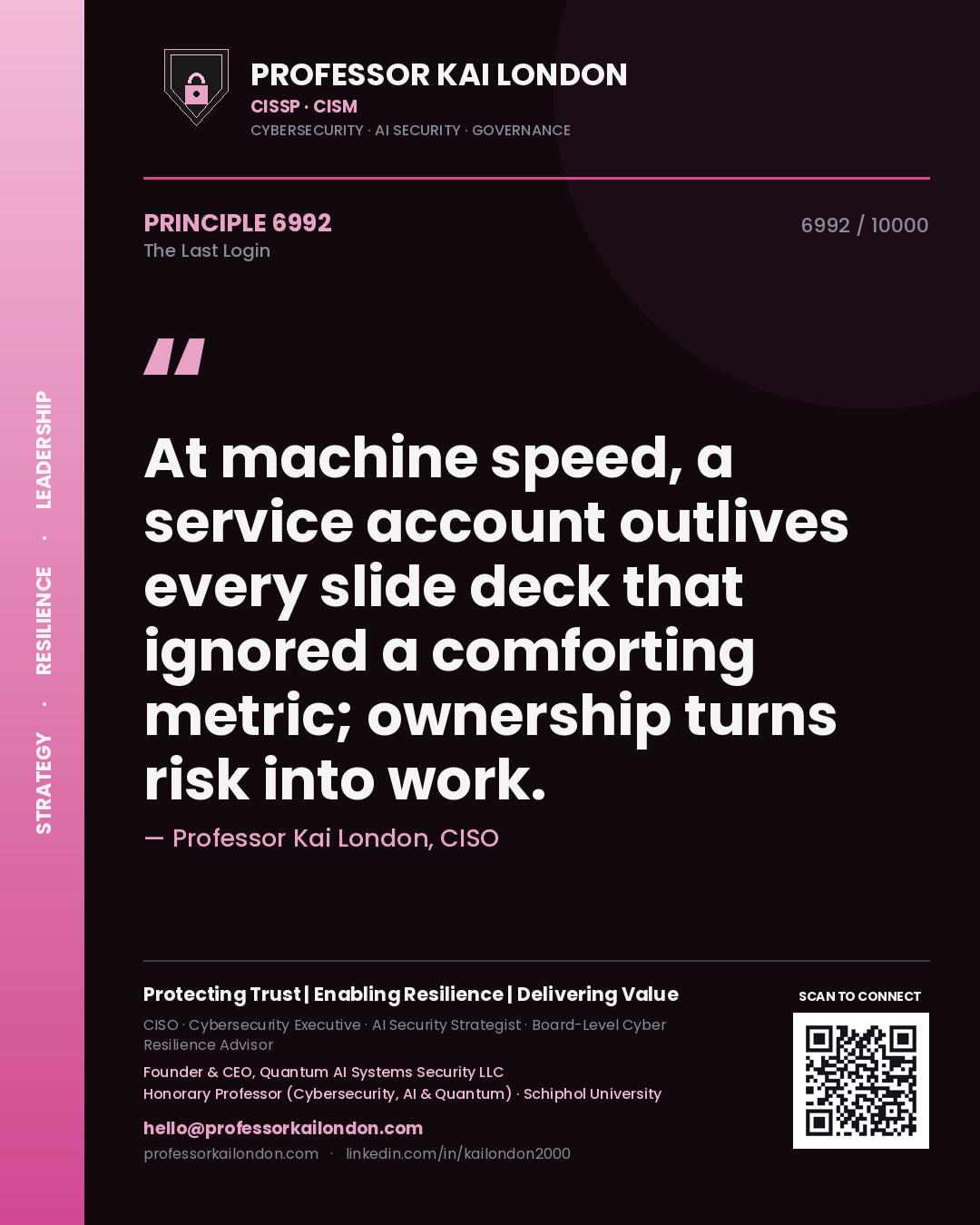 Quote card by Professor Kai London reading 'At machine speed, a service account outlives every slide deck that ignored a comforting metric; ownership turns risk into work.'. From the book The Last Login.