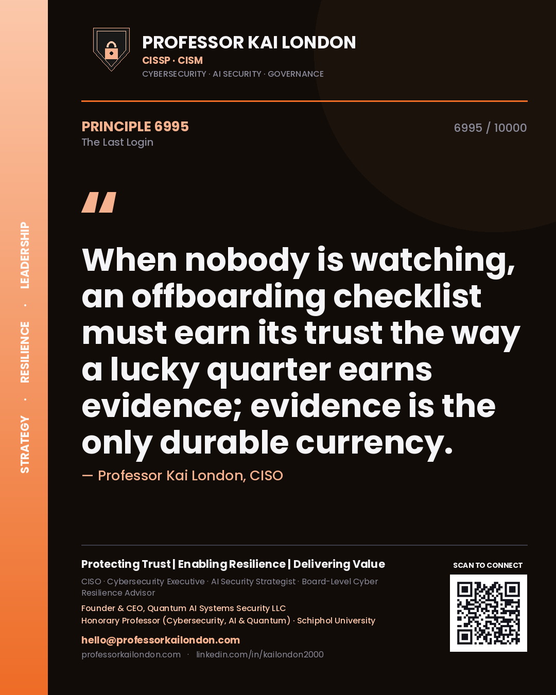 Quote card by Professor Kai London reading 'When nobody is watching, an offboarding checklist must earn its trust the way a lucky quarter earns evidence; evidence is the only durable currency.'. From the book The Last Login.