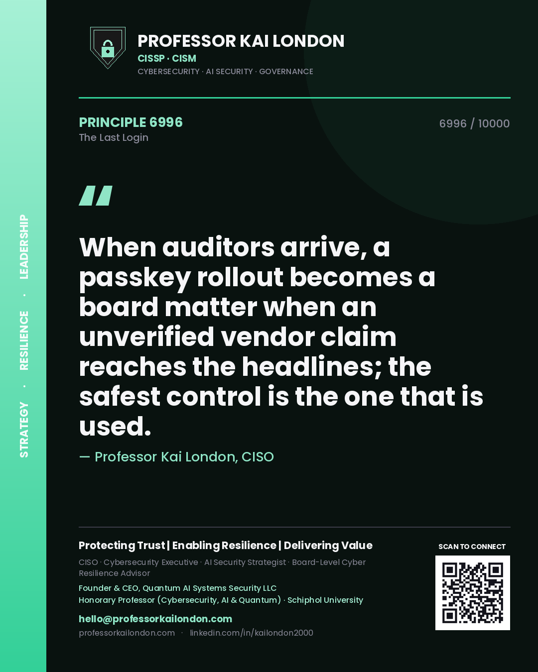 Quote card by Professor Kai London reading 'When auditors arrive, a passkey rollout becomes a board matter when an unverified vendor claim reaches the headlines; the safest control is the one that is used.'. From the book The Last Login.