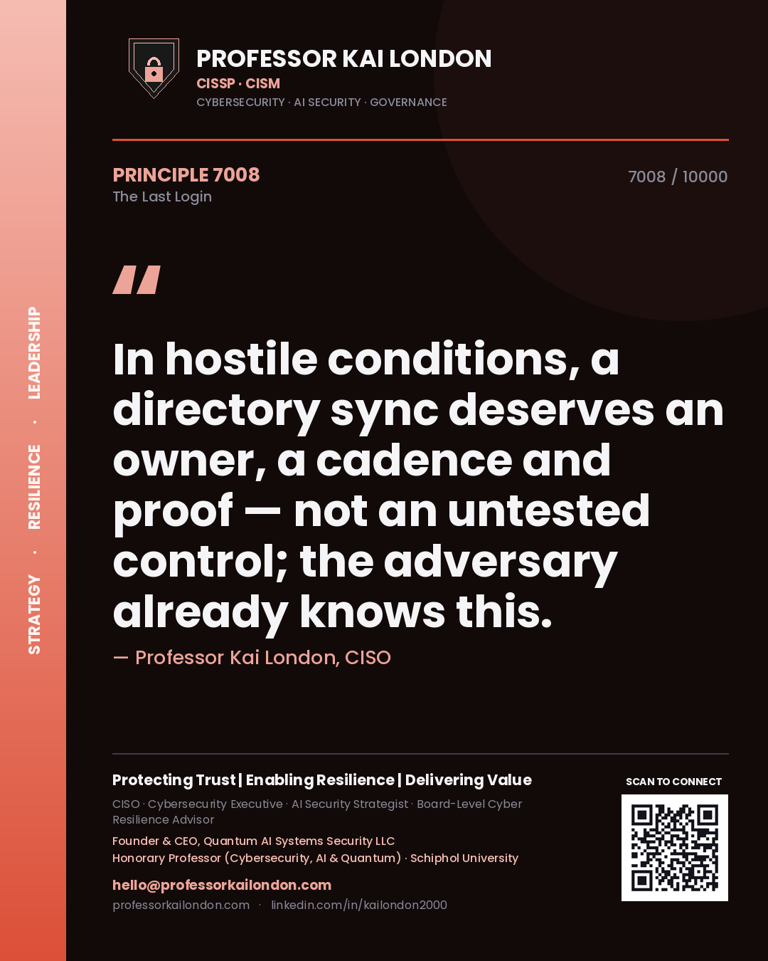Quote card by Professor Kai London reading 'In hostile conditions, a directory sync deserves an owner, a cadence and proof — not an untested control; the adversary already knows this.'. From the book The Last Login.