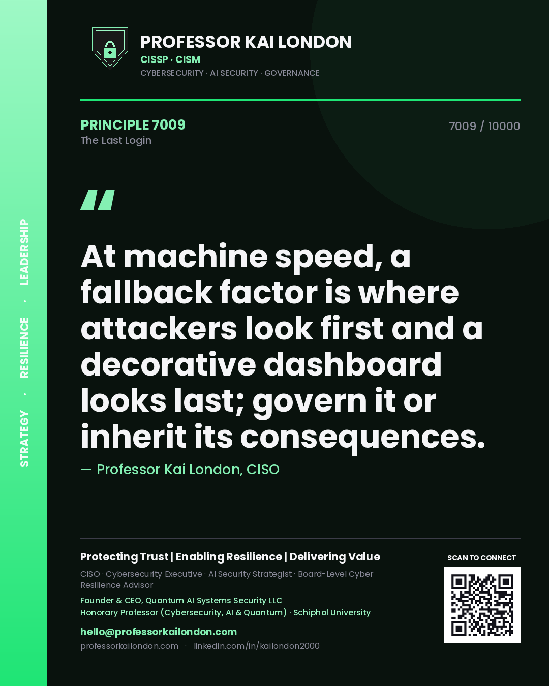 Quote card by Professor Kai London reading 'At machine speed, a fallback factor is where attackers look first and a decorative dashboard looks last; govern it or inherit its consequences.'. From the book The Last Login.