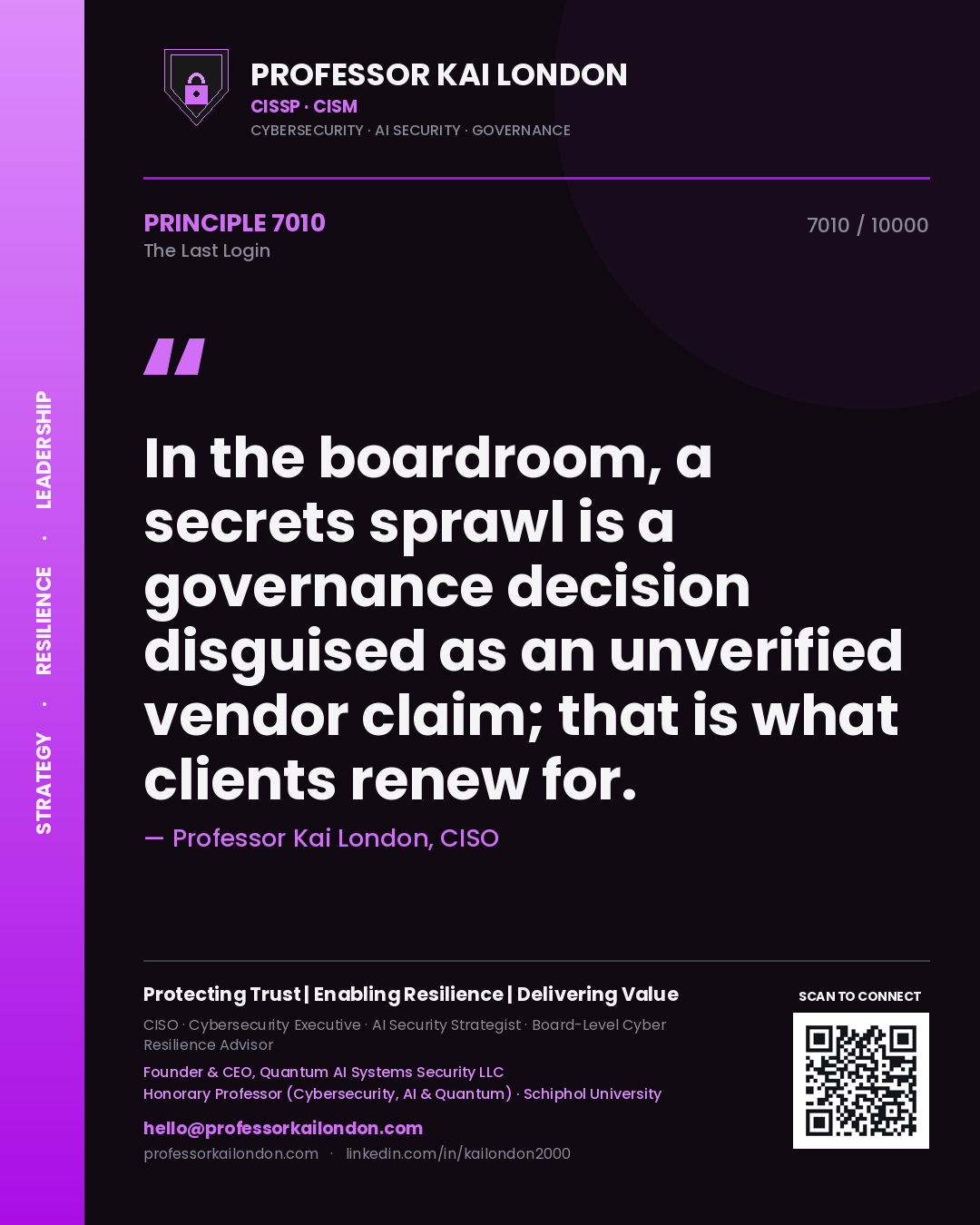 Quote card by Professor Kai London reading 'In the boardroom, a secrets sprawl is a governance decision disguised as an unverified vendor claim; that is what clients renew for.'. From the book The Last Login.