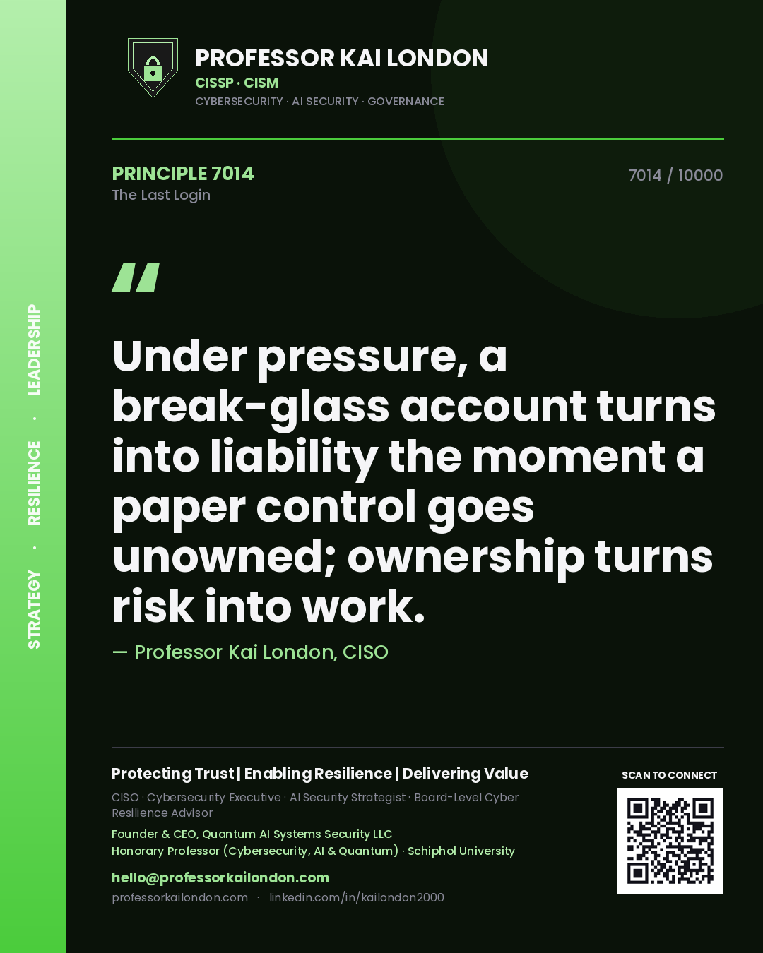 Quote card by Professor Kai London reading 'Under pressure, a break-glass account turns into liability the moment a paper control goes unowned; ownership turns risk into work.'. From the book The Last Login.