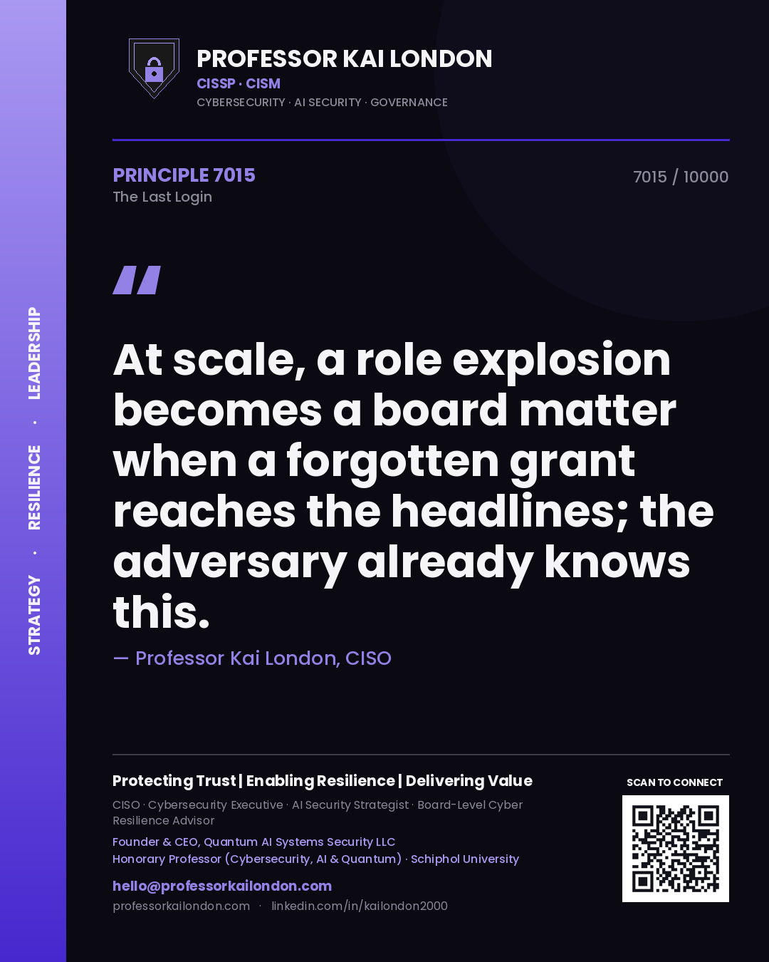 Quote card by Professor Kai London reading 'At scale, a role explosion becomes a board matter when a forgotten grant reaches the headlines; the adversary already knows this.'. From the book The Last Login.