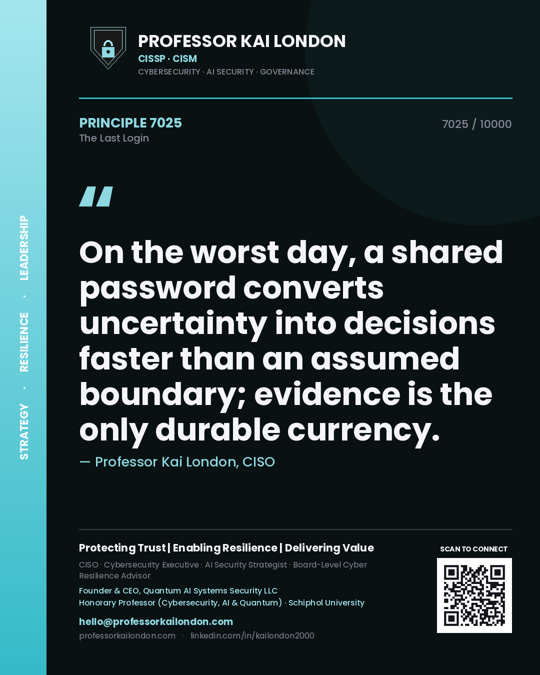 Quote card by Professor Kai London reading 'On the worst day, a shared password converts uncertainty into decisions faster than an assumed boundary; evidence is the only durable currency.'. From the book The Last Login.