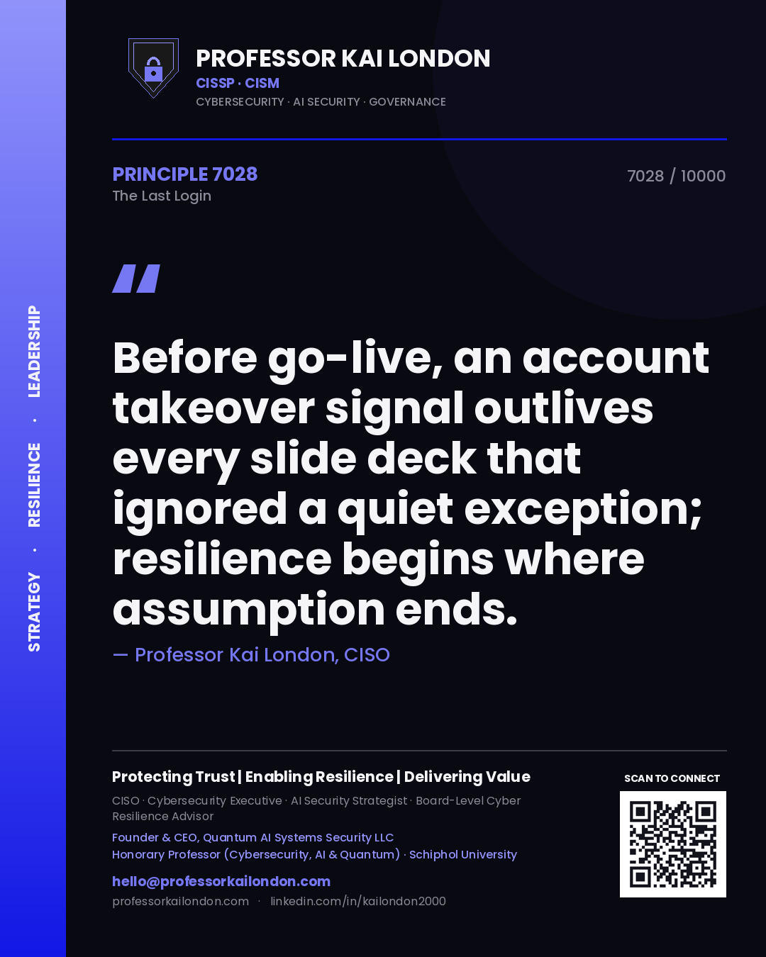 Quote card by Professor Kai London reading 'Before go-live, an account takeover signal outlives every slide deck that ignored a quiet exception; resilience begins where assumption ends.'. From the book The Last Login.