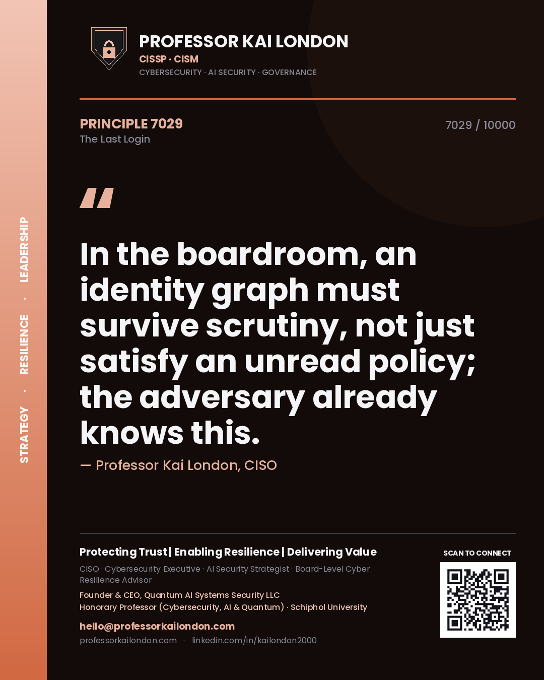 Quote card by Professor Kai London reading 'In the boardroom, an identity graph must survive scrutiny, not just satisfy an unread policy; the adversary already knows this.'. From the book The Last Login.
