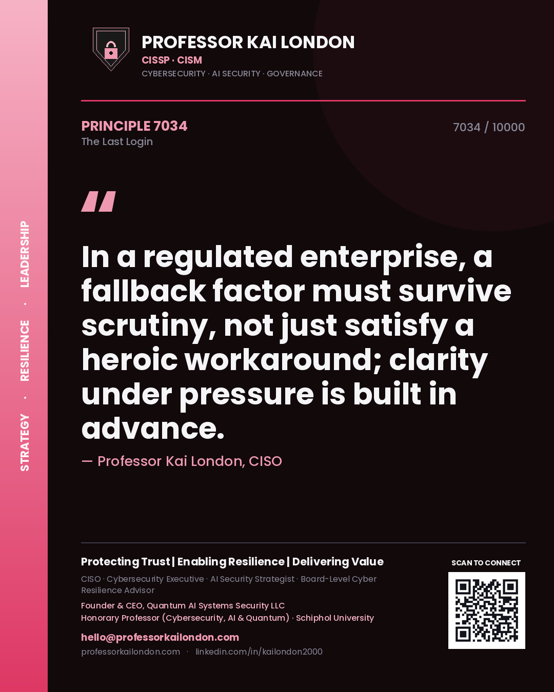 Quote card by Professor Kai London reading 'In a regulated enterprise, a fallback factor must survive scrutiny, not just satisfy a heroic workaround; clarity under pressure is built in advance.'. From the book The Last Login.