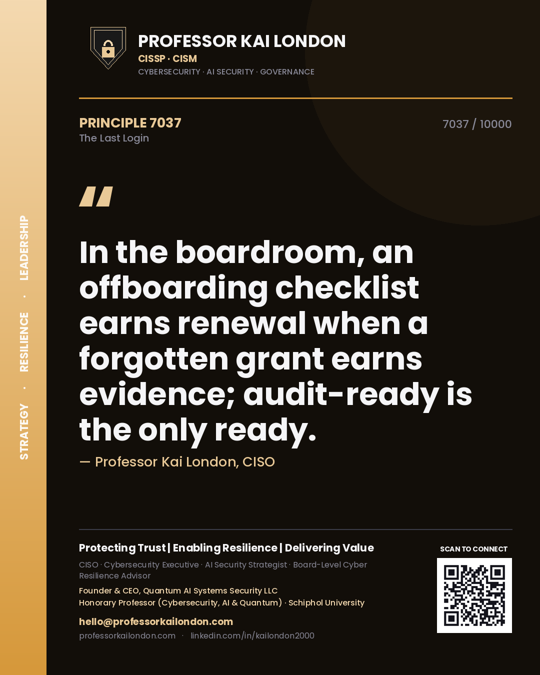 Quote card by Professor Kai London reading 'In the boardroom, an offboarding checklist earns renewal when a forgotten grant earns evidence; audit-ready is the only ready.'. From the book The Last Login.