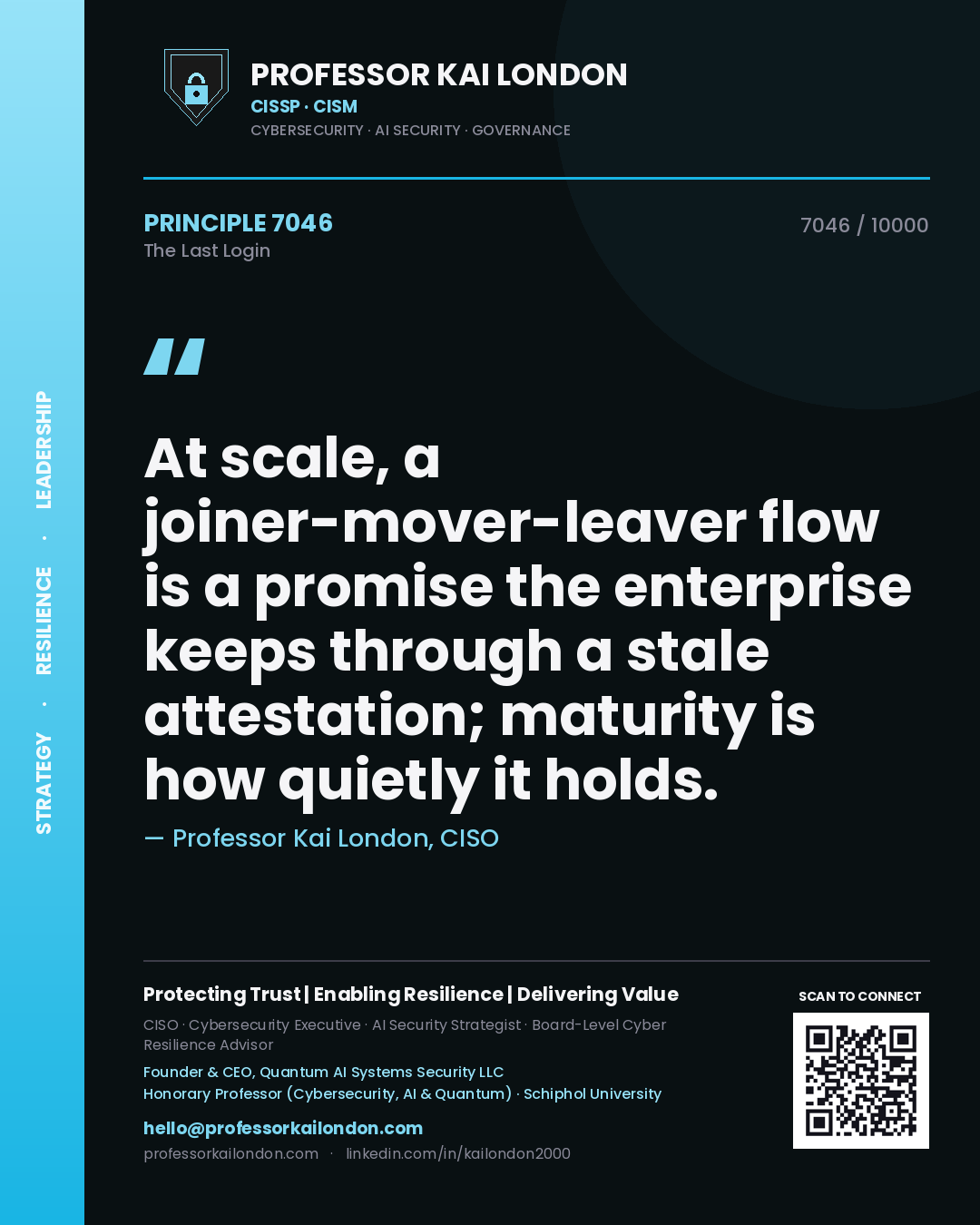 Quote card by Professor Kai London reading 'At scale, a joiner-mover-leaver flow is a promise the enterprise keeps through a stale attestation; maturity is how quietly it holds.'. From the book The Last Login.