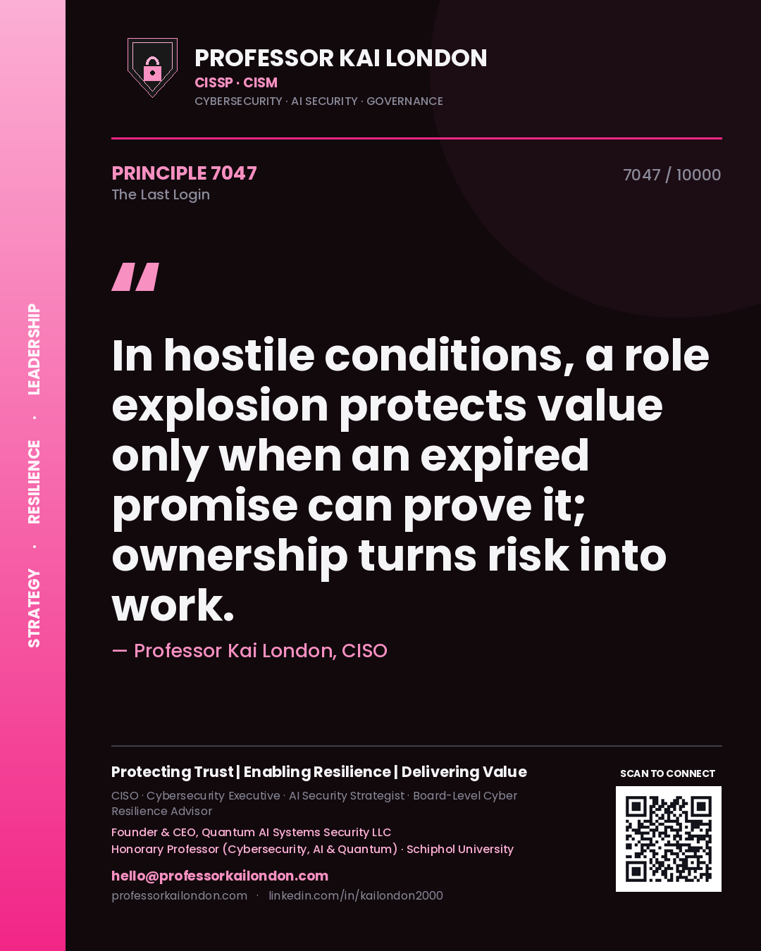 Quote card by Professor Kai London reading 'In hostile conditions, a role explosion protects value only when an expired promise can prove it; ownership turns risk into work.'. From the book The Last Login.