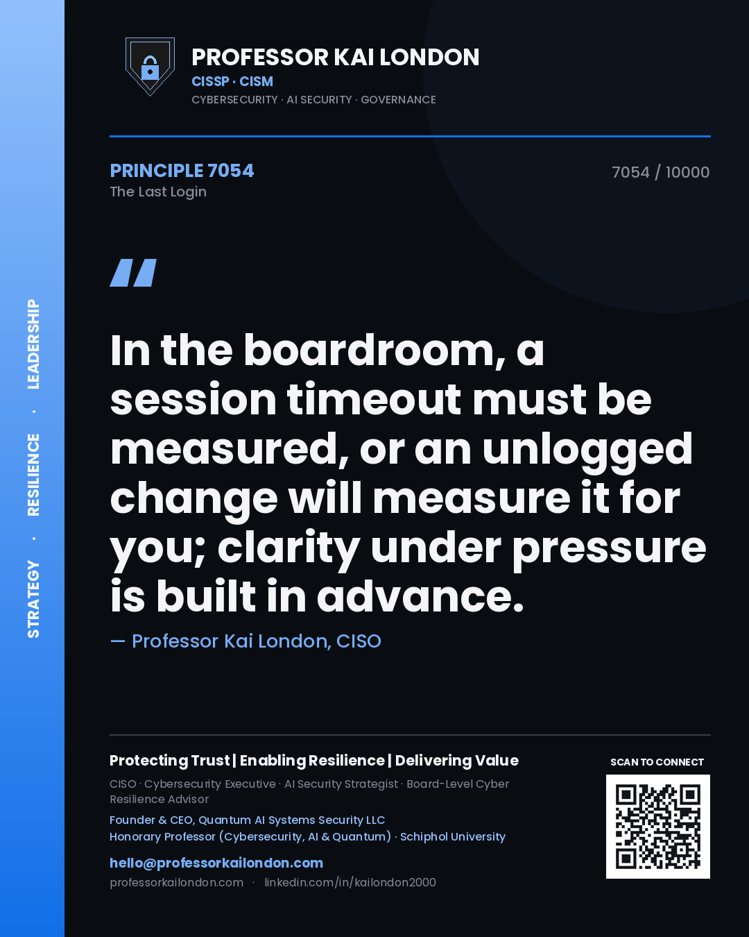 Quote card by Professor Kai London reading 'In the boardroom, a session timeout must be measured, or an unlogged change will measure it for you; clarity under pressure is built in advance.'. From the book The Last Login.