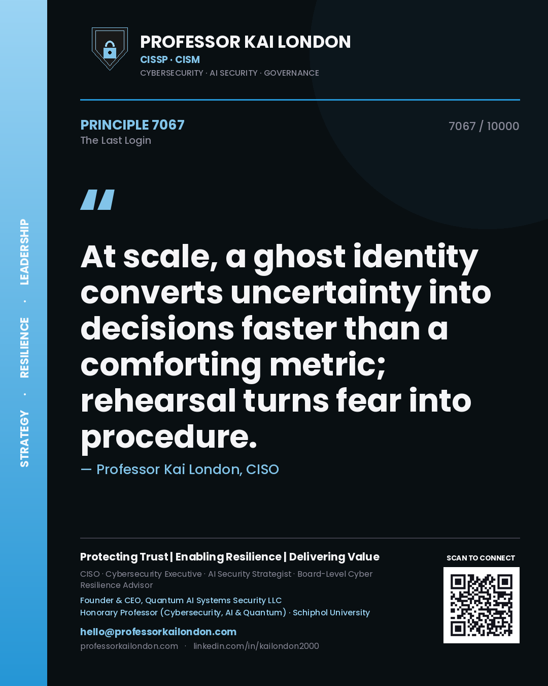 Quote card by Professor Kai London reading 'At scale, a ghost identity converts uncertainty into decisions faster than a comforting metric; rehearsal turns fear into procedure.'. From the book The Last Login.