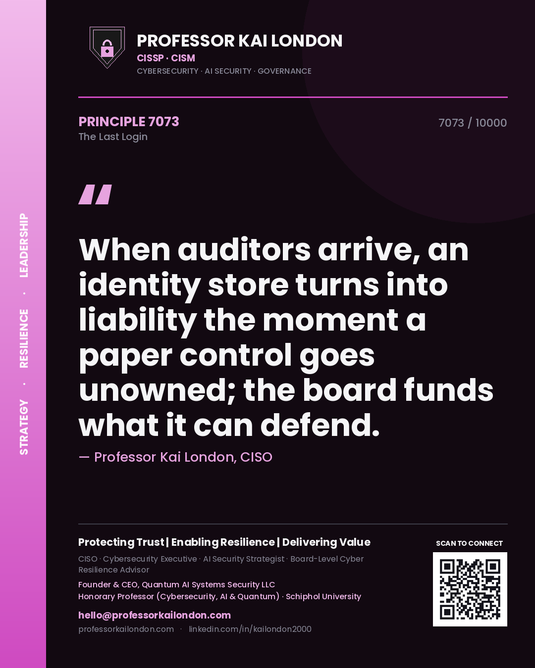 Quote card by Professor Kai London reading 'When auditors arrive, an identity store turns into liability the moment a paper control goes unowned; the board funds what it can defend.'. From the book The Last Login.